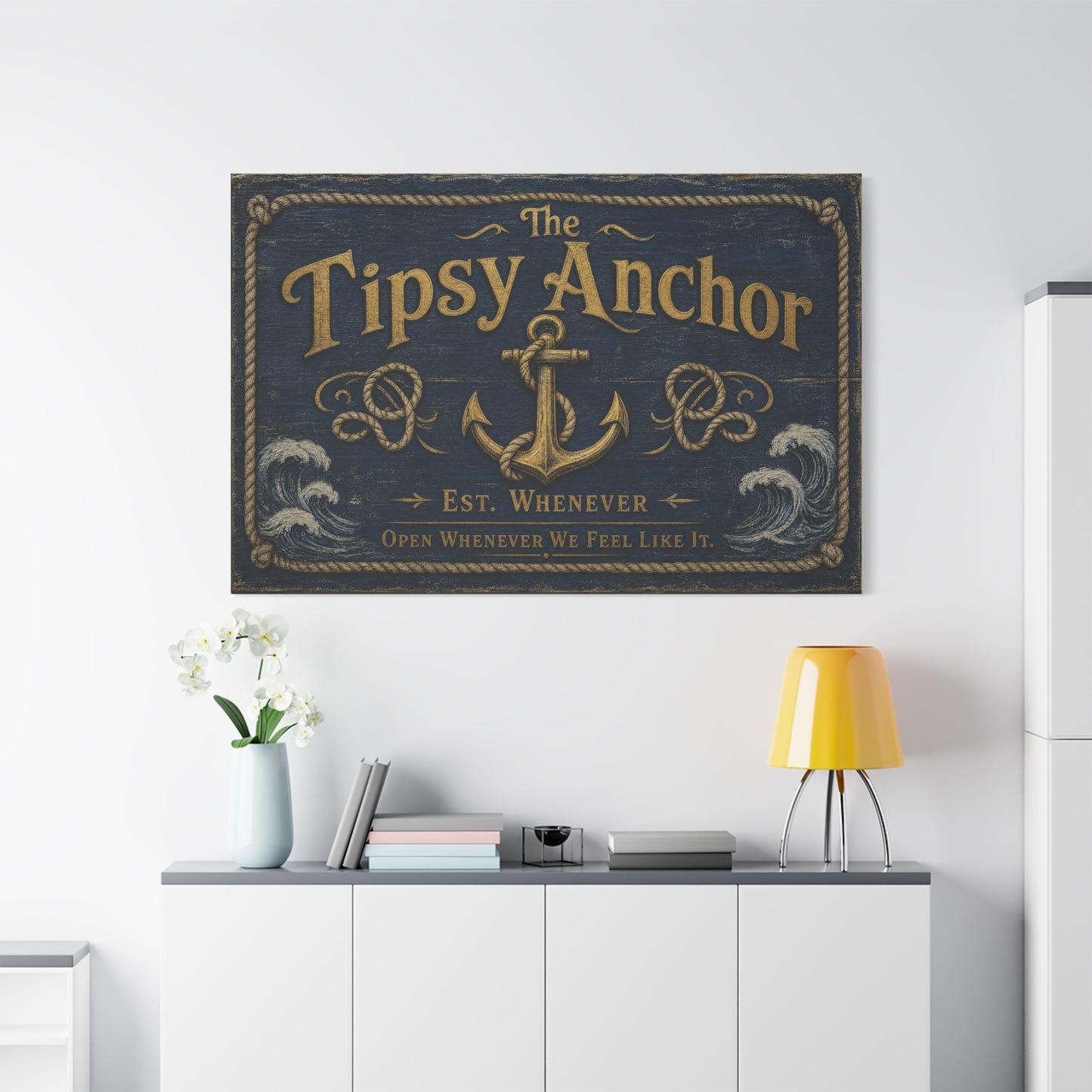 "The Tipsy Anchor" Canvas Wall Art - "Est. Whenever Open Whenever We Feel Like It." Nautical Anchor Sign, Vintage Coastal Wall Decor, Rustic Navy Gold Typography For Bar - Ready to Hang