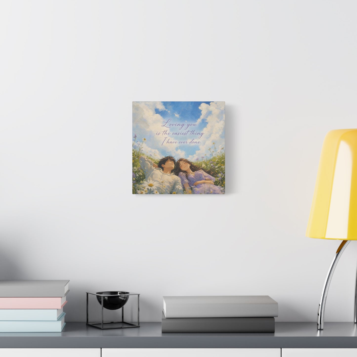 "Loving You Is The Easiest Thing I Have Ever Done." Canvas Wall Art - Romantic Couple In Wildflower Meadow Sky Quote Print - Dreamy Pastel Illustration - Ready to Hang - Living Room Wall Decor