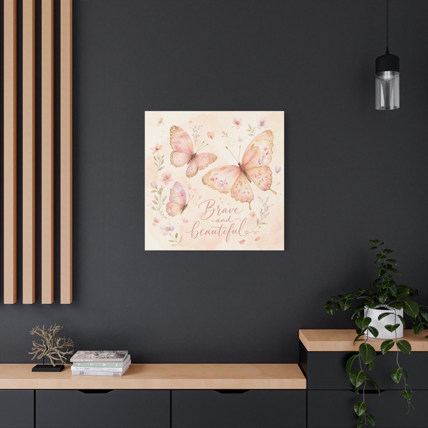 "Brave And Beautiful" Butterfly Canvas Wall Art - Pink Floral Watercolor Quote Print - Inspirational Girls Bedroom Decor - Nursery Wall Hanging - Bedroom Home Decoration - Modern Farmhouse Style