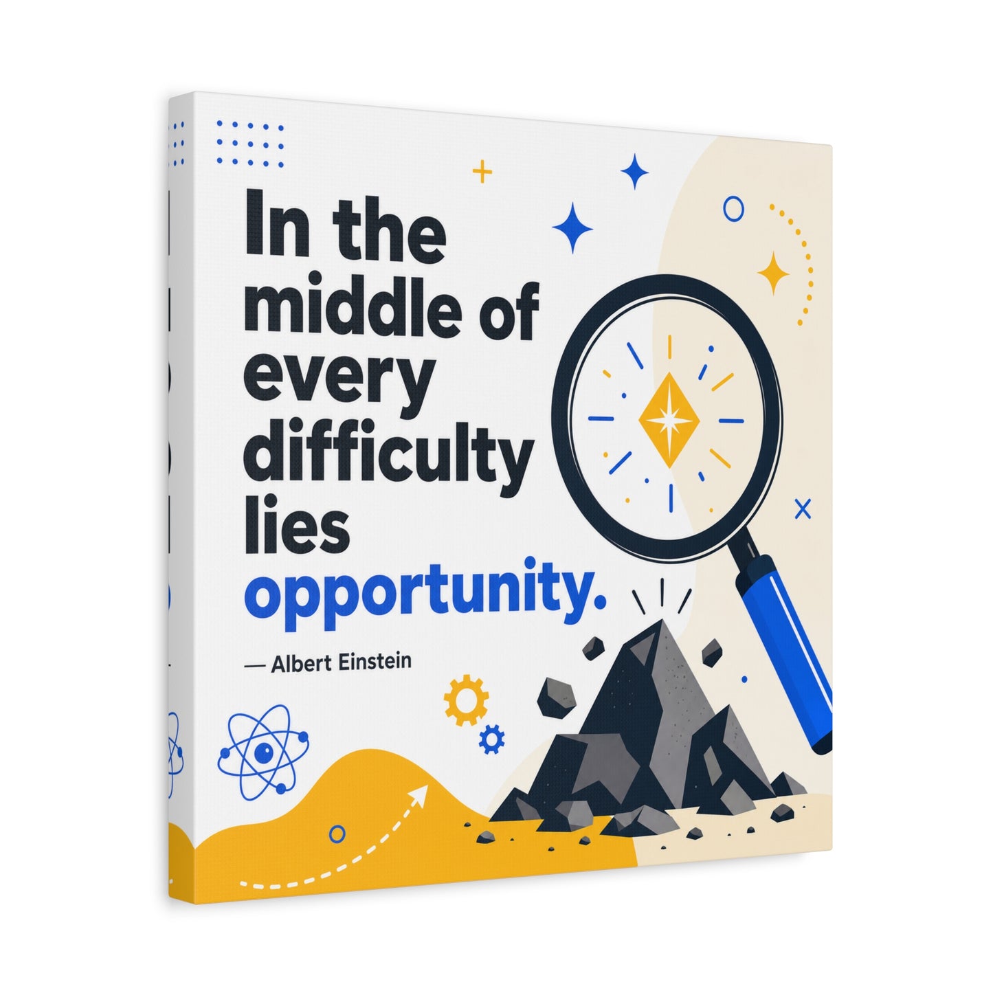 "In The Middle Of Every Difficulty Lies Opportunity." Einstein Canvas Wall Art - Motivational Quote Print, Blue Yellow Modern Typography, Office Decor, Classroom Inspiration, Study Room Accent