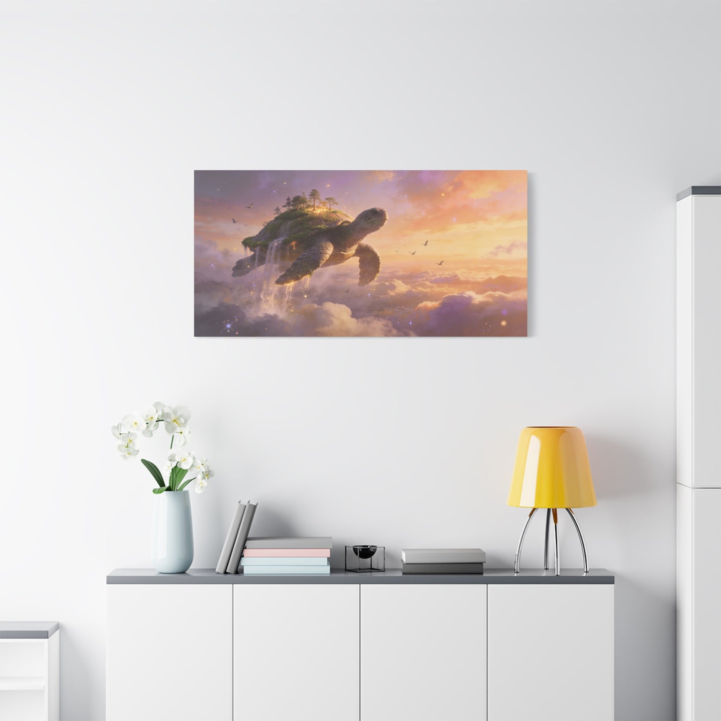 Flying Sea Turtle Canvas Wall Art - Fantasy Sky Island, Waterfall Clouds, Dreamy Surreal Canvas Print - Contemporary Celestial Style - Living Room Wall Decor, Bedroom Home Accent - Ready to Hang