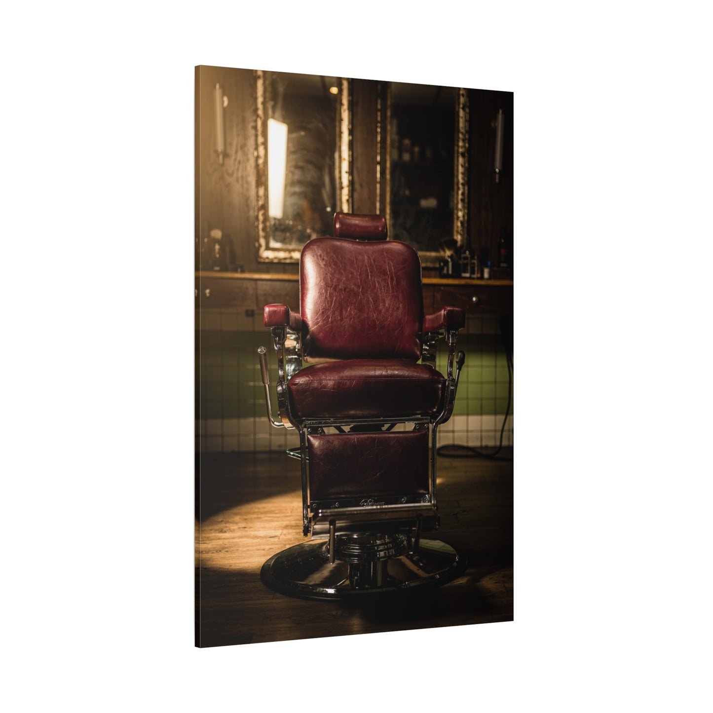 Vintage Barber Chair Canvas Print - Moody Barbershop Interior Art Print, Burgundy Leather Seat, Warm Cinematic Lighting - Rustic Contemporary Decor - Salon Wall Accent, Home Office Display