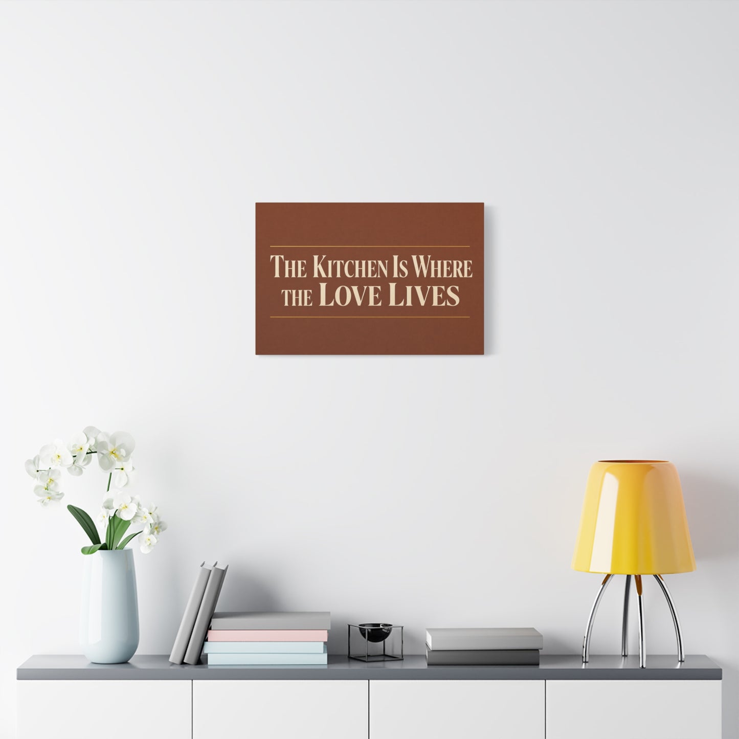 "The Kitchen Is Where The Love Lives" Canvas Wall Art - Typography Kitchen Decor, Brown Minimalist Quote Print, Farmhouse Dining Room Decoration - Living Room Wall Decor - Bedroom Home Decoration