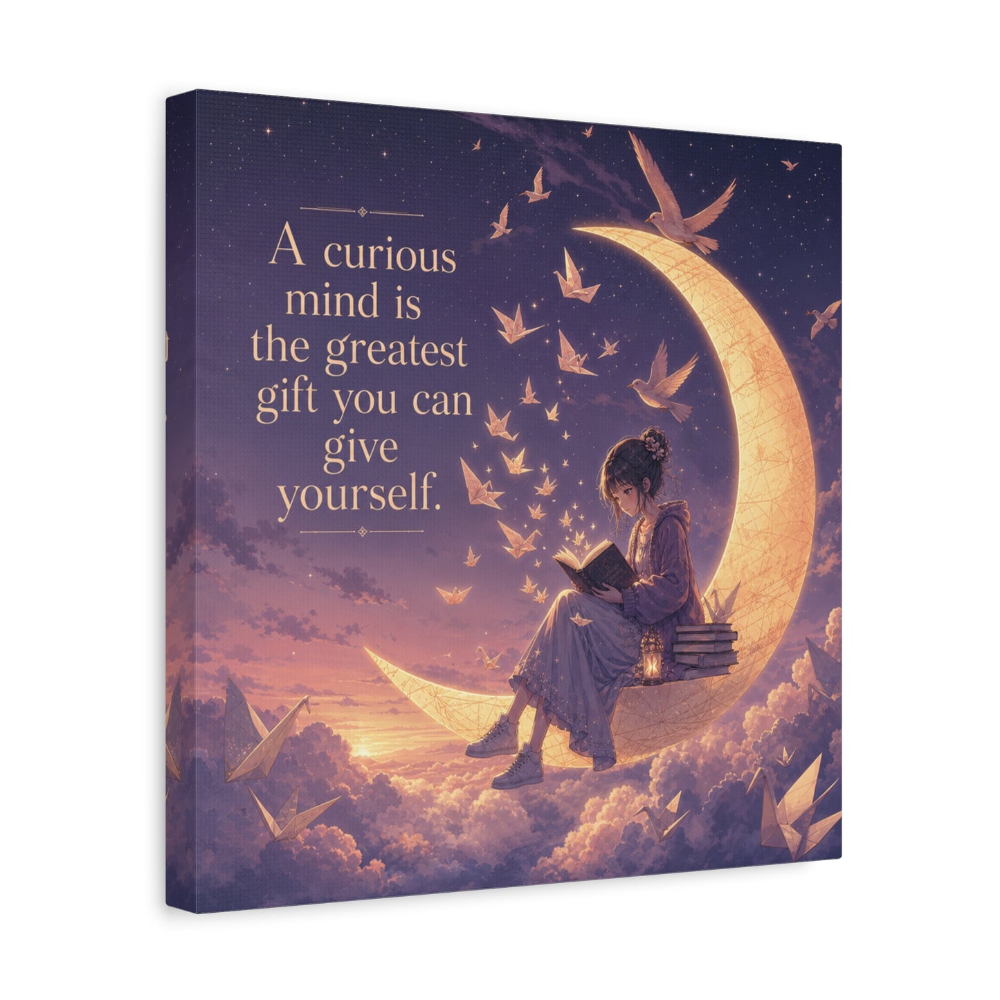 "A Curious Mind Is The Greatest You Can Give Yourself" Canvas Wall Art - Moon Reading Girl Quote Print, Dreamy Celestial Illustration - Bedroom Wall Decor, Home Office Accent - Ready to Hang