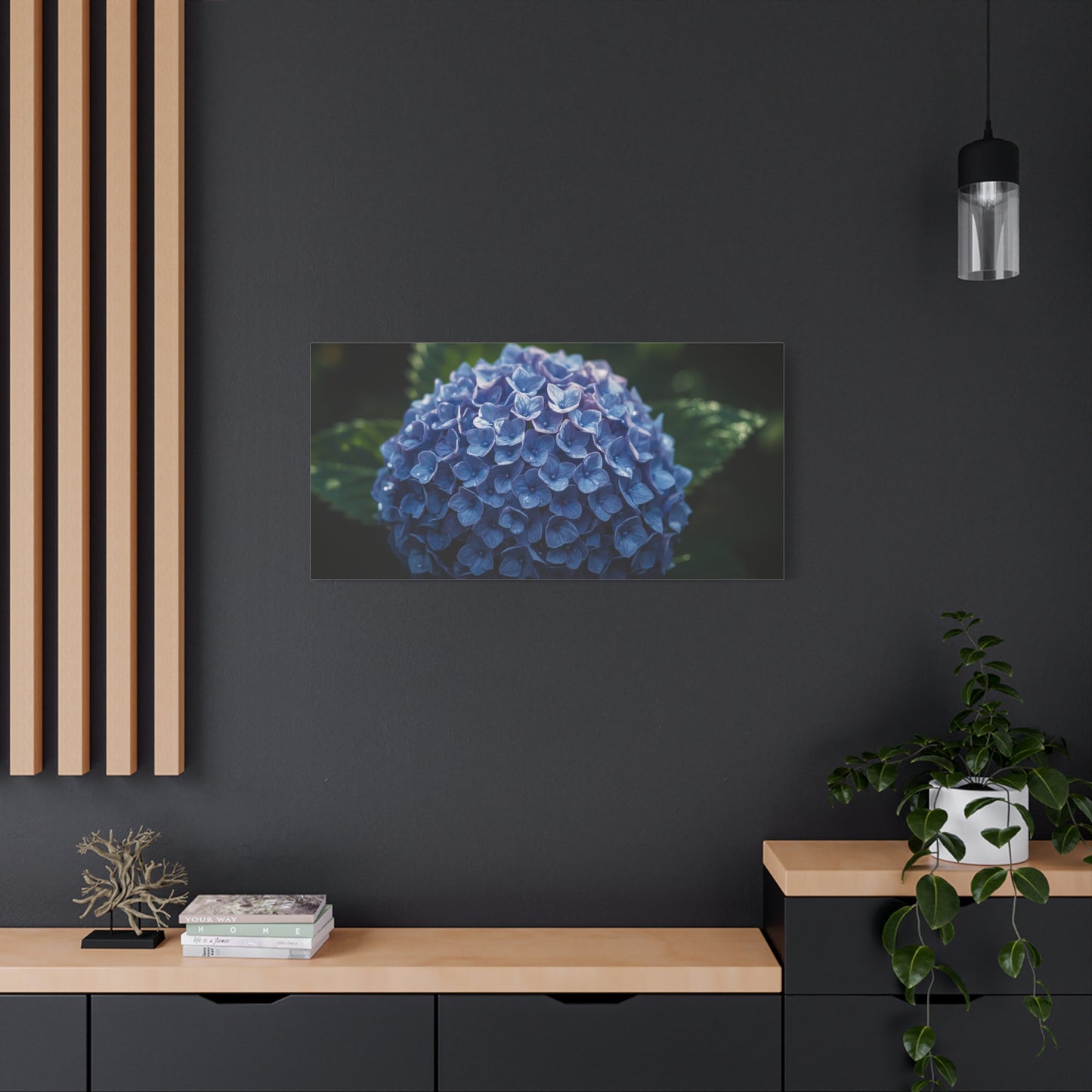 Blue Hydrangea Canvas Wall Art - Botanical Floral Close Up Art Print - Matte Cotton Art Print, Moody Garden Style - Bedroom Wall Decor, Bathroom Accent, Spa Inspired Home Decoration - Ready to Hang