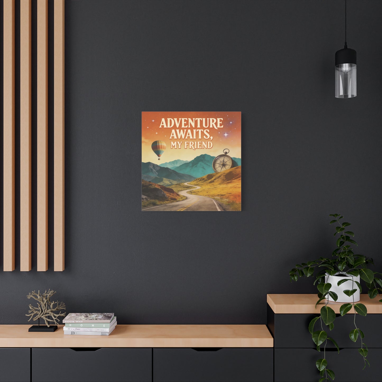 "Adventure Awaits, My Friend" Inspirational Canvas Art Print - Mountain Road, Hot Air Balloon, Compass - Vintage Travel Style, Office Decor, Workspace Accent, Lobby Display, Motivational Art