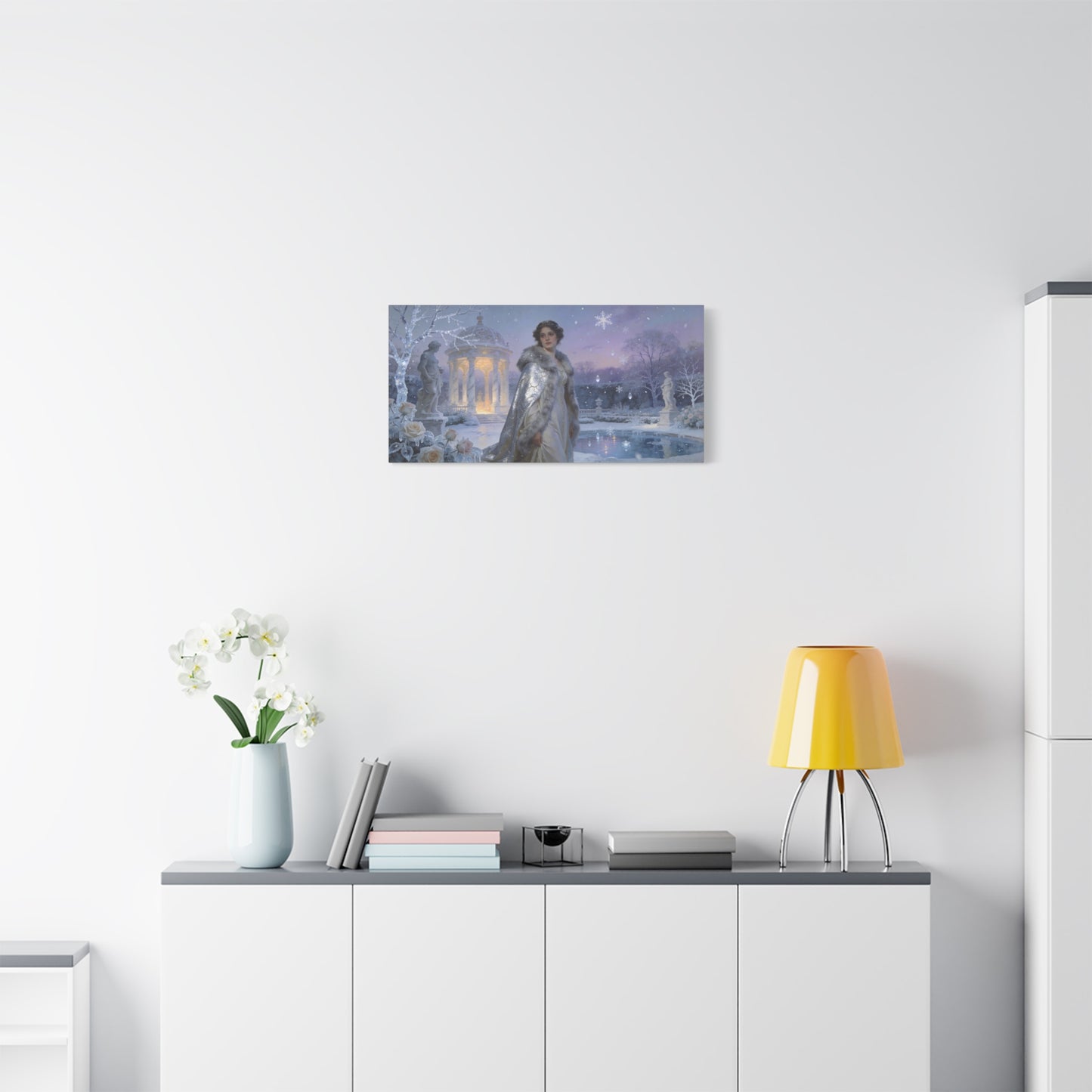 Winter Garden Woman Canvas Wall Art - Snowy Pavilion, Frosted Roses, Classical Statues - Ethereal Traditional Painting - Bedroom Wall Decor, Living Room Home Accent - Bedroom Home Decoration