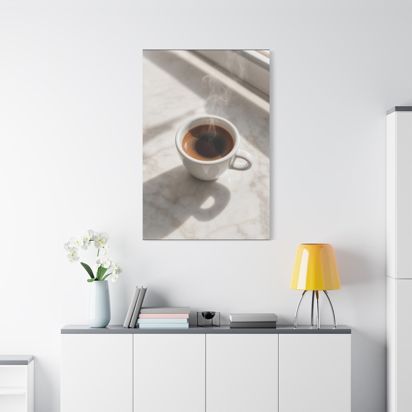 Steaming Espresso Coffee Cup Canvas Wall Art - Minimalist Sunlit Art Print, Matte Cotton Print - Contemporary Kitchen Decor, Dining Room Accent, Cafe Wall Decor, Office Art - Bedroom Home Decoration