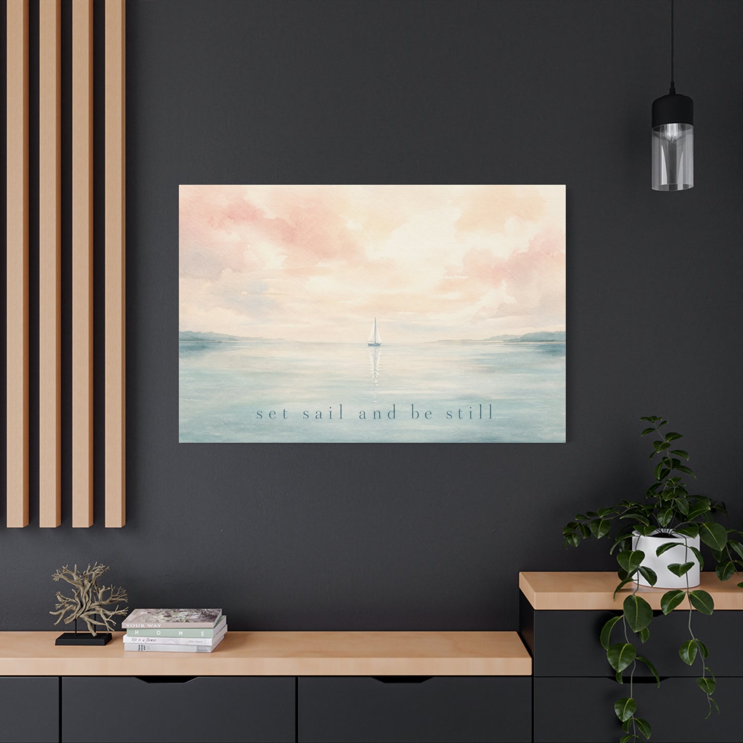 "Set Sail And Be Still" Sailboat Canvas Wall Art - Coastal Seascape Quote Print, Soft Pastel Watercolor, Serene Bedroom Decor, Living Room Wall Decor, Meditation Space Home Accent - Ready to Hang