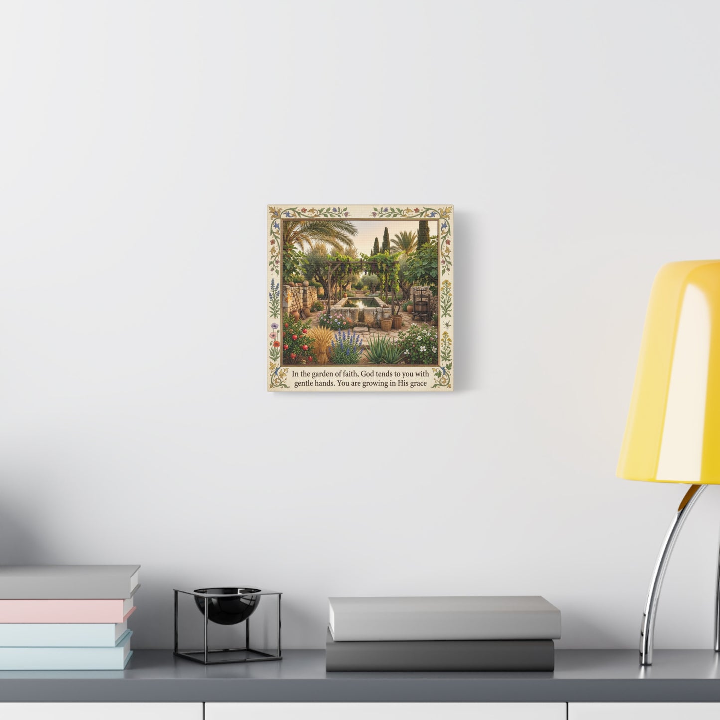 "In The Garden Of Faith, God Tends To You" Canvas Wall Art - Biblical Garden Scripture Print, Floral Border, Rustic Mediterranean Courtyard Scene - Christian Home Decor For Living Room - Ready to Hang
