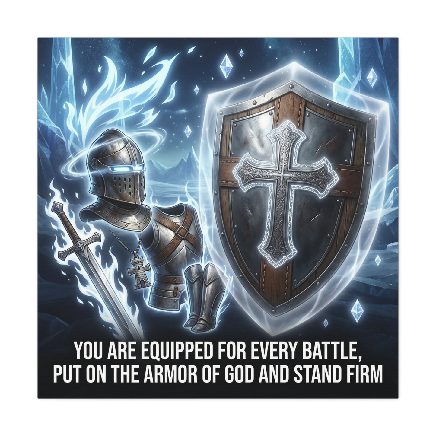 "You Are Equipped For Every Battle, Put On The Armor Of God And Stand Firm" Christian Canvas Wall Art - Knight Armor, Cross Shield, Scripture Decor - Blue Fantasy Style - Living Room - Office Wall Art