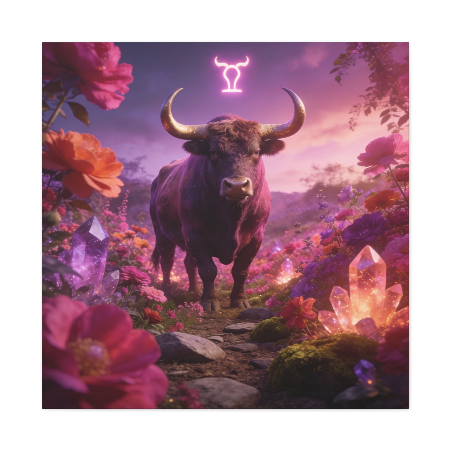 Taurus Zodiac Bull Canvas Wall Art - Neon Taurus Symbol, Floral Crystal Fantasy Print - Dreamy Purple Pink Celestial Decor - Bedroom Home Decoration, Bohemian Living Room Accent - Office Wall Art