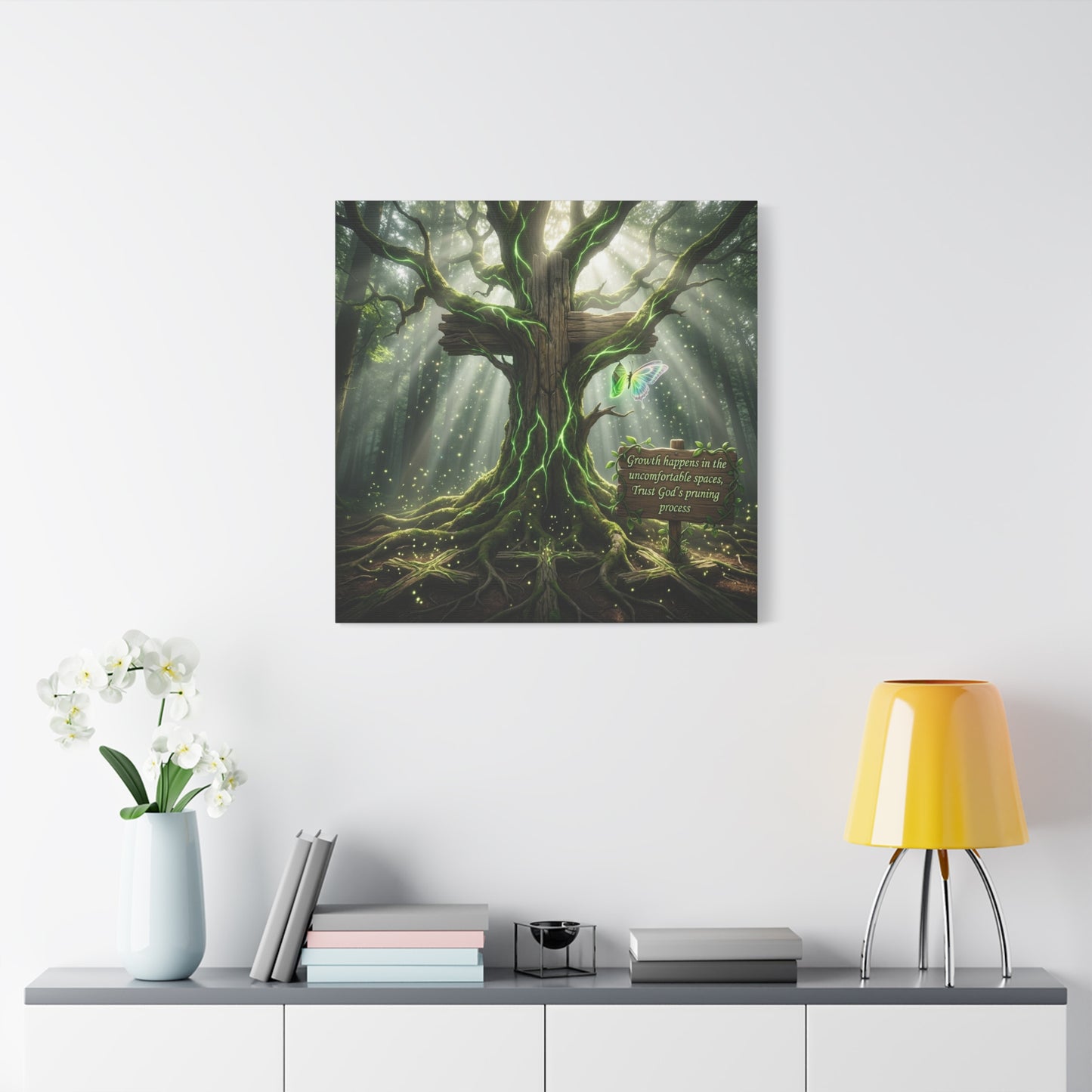 "Growth Happens In The Uncomfortable Spaces, Trust God's Pruning Process" Christian Canvas Wall Art - Forest Tree Cross, Butterfly - Inspirational Rustic Decor - Living Room Wall Decor - Ready to Hang