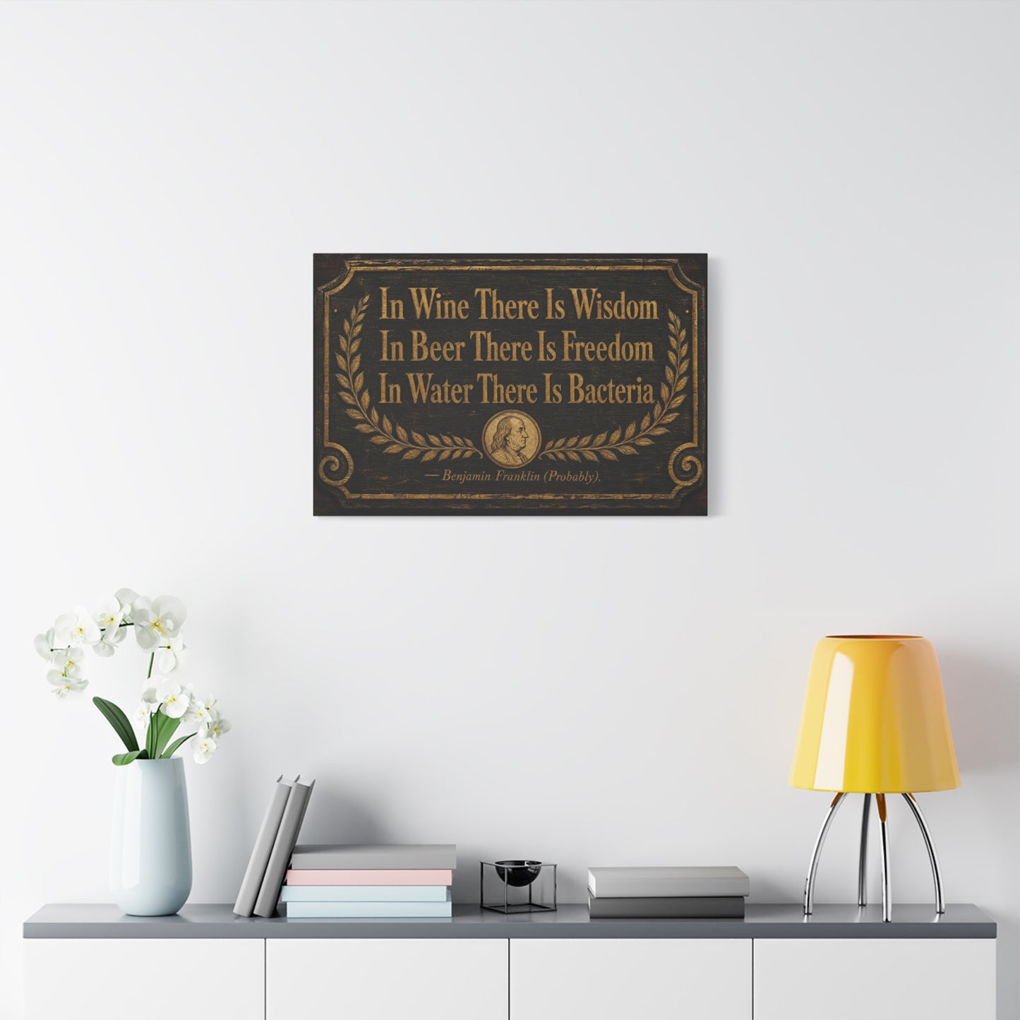 "In Wine There Is Wisdom In Beer There Is Freedom" Canvas Wall Art - Vintage Bar Quote Print, Rustic Tavern Style, Brown Gold Typography Decor, Home Bar - Office Wall Art - Cocktail Lounge Decor