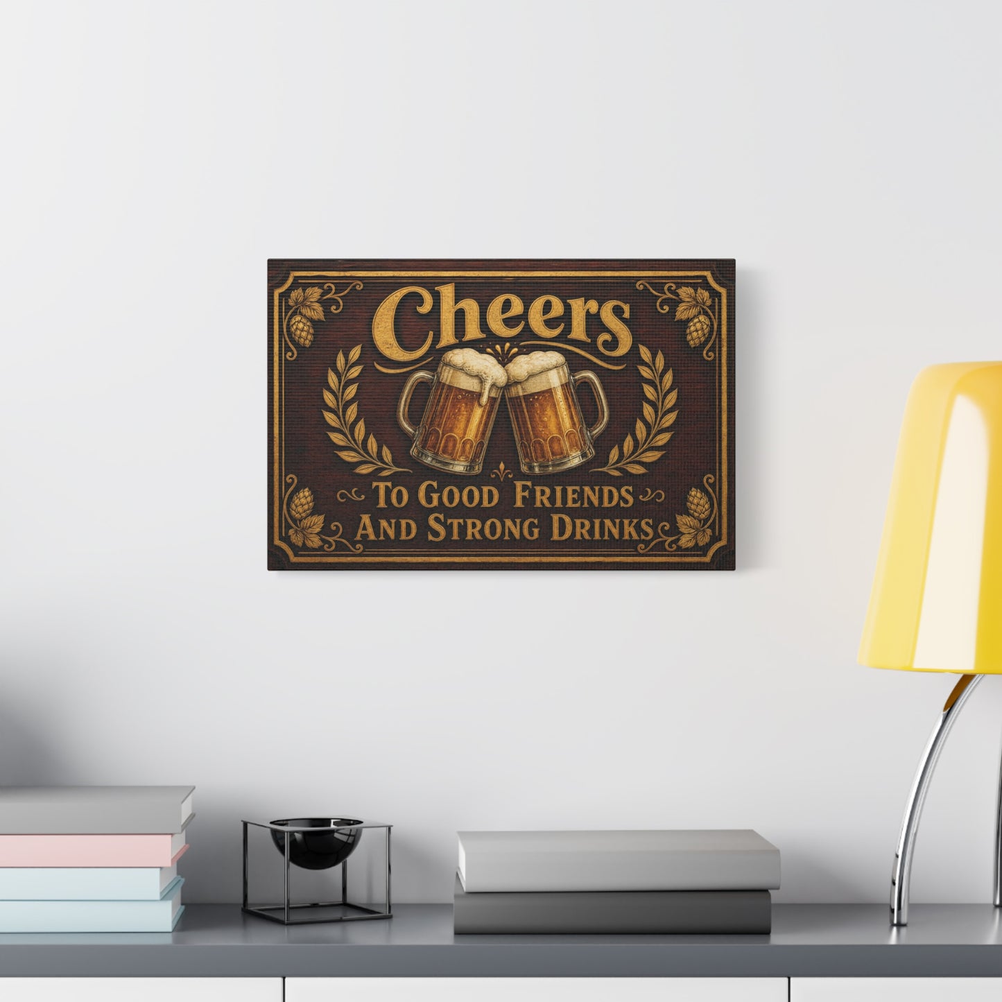 "Cheers To Good Friends And Strong Drinks" Canvas Wall Art - Vintage Beer Mug Pub Sign, Rustic Bar Decor, Brown Gold Typography Print, Man Cave Wall Hanging, Kitchen Dining Room Accent - Ready to Hang