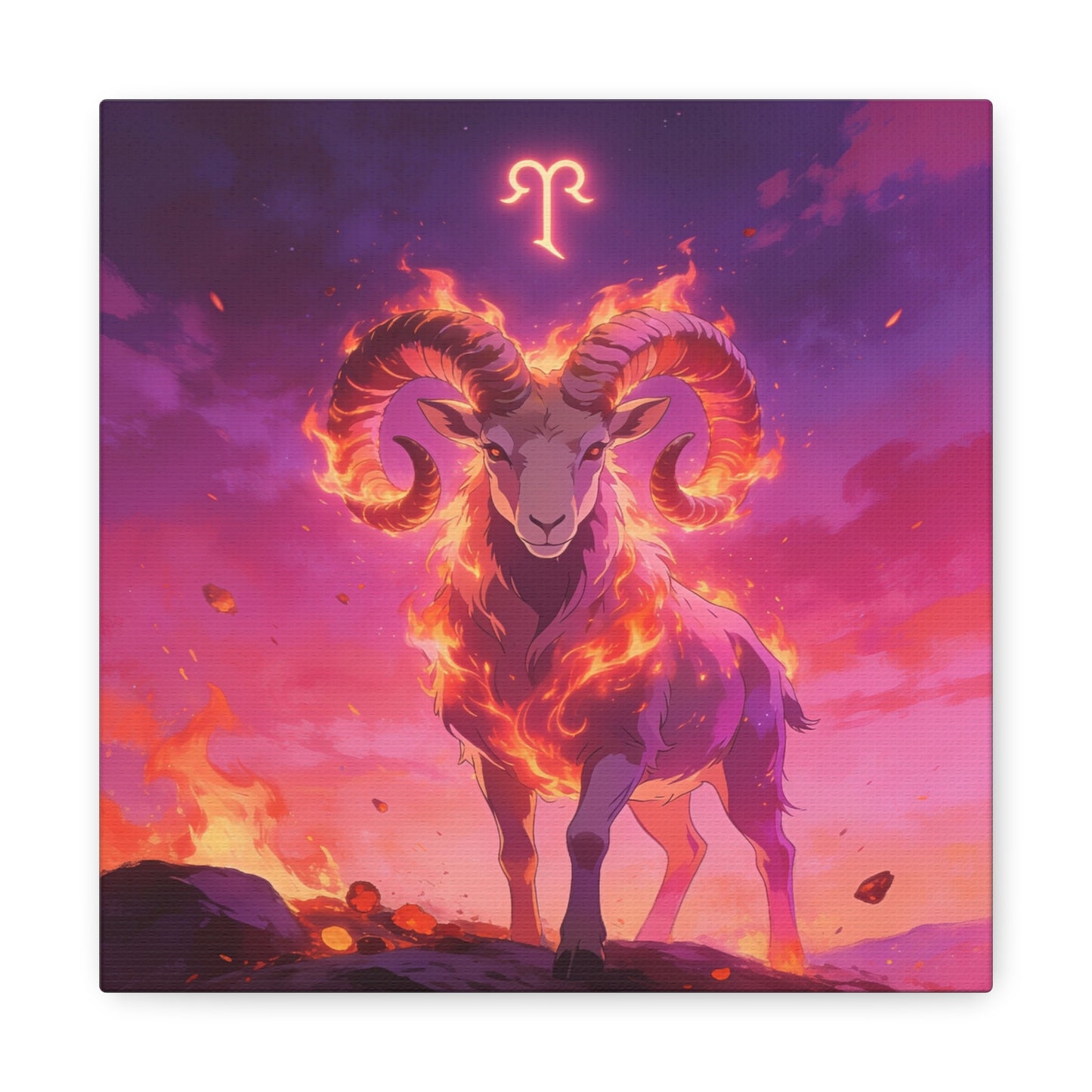 Aries Ram Canvas Wall Art - Fiery Zodiac Illustration, Purple Pink Flame Sky, Matte Canvas Print, Modern Fantasy Style, Bedroom Wall Decor, Home Office Accent, Statement Piece For Astrology Lovers
