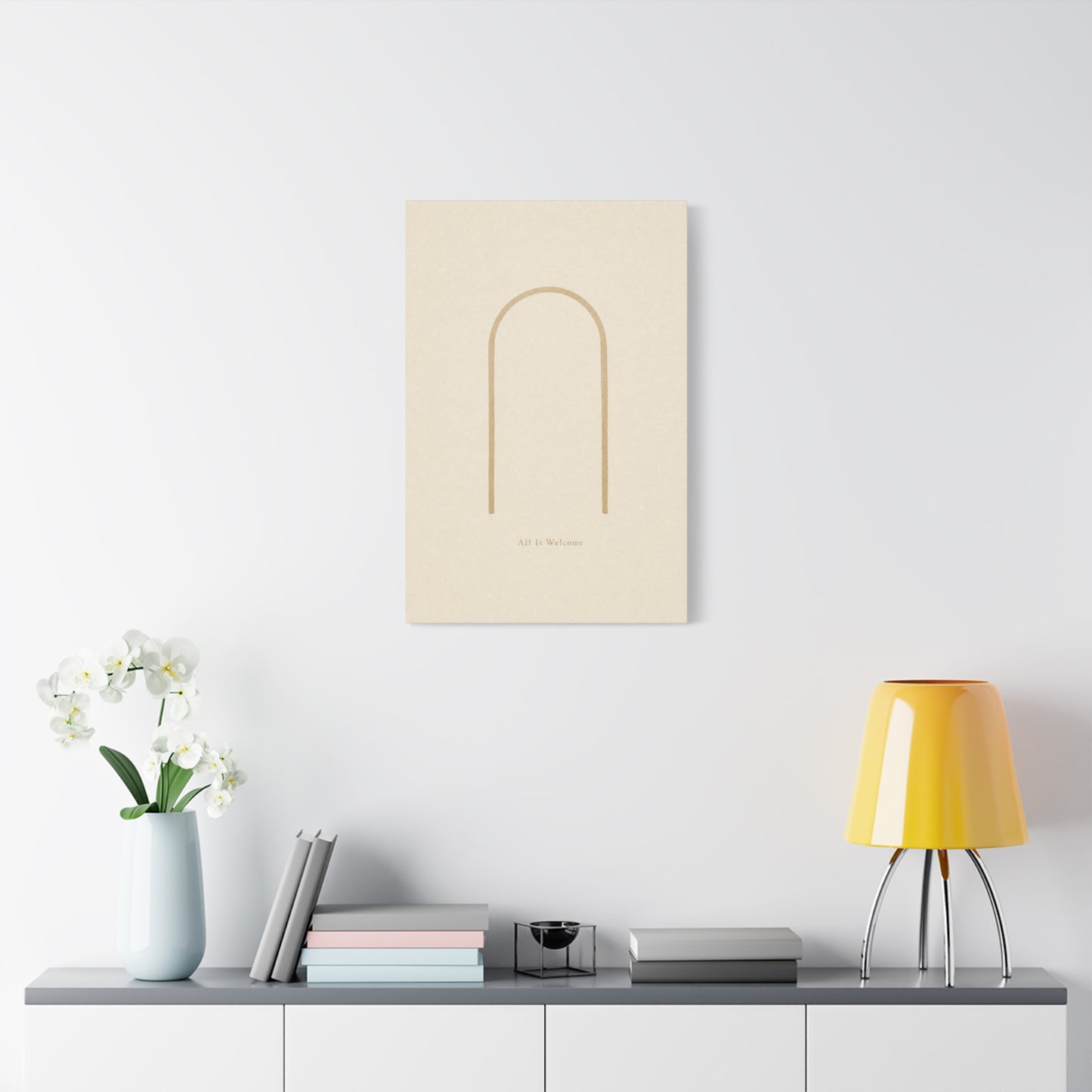 "All Is Welcome" Minimalist Arch Canvas Wall Art - Neutral Beige Line Print, Contemporary Typography Decor - Calming Bedroom Home Decoration, Living Room Wall Decor - Ready to Hang - Ready to Hang