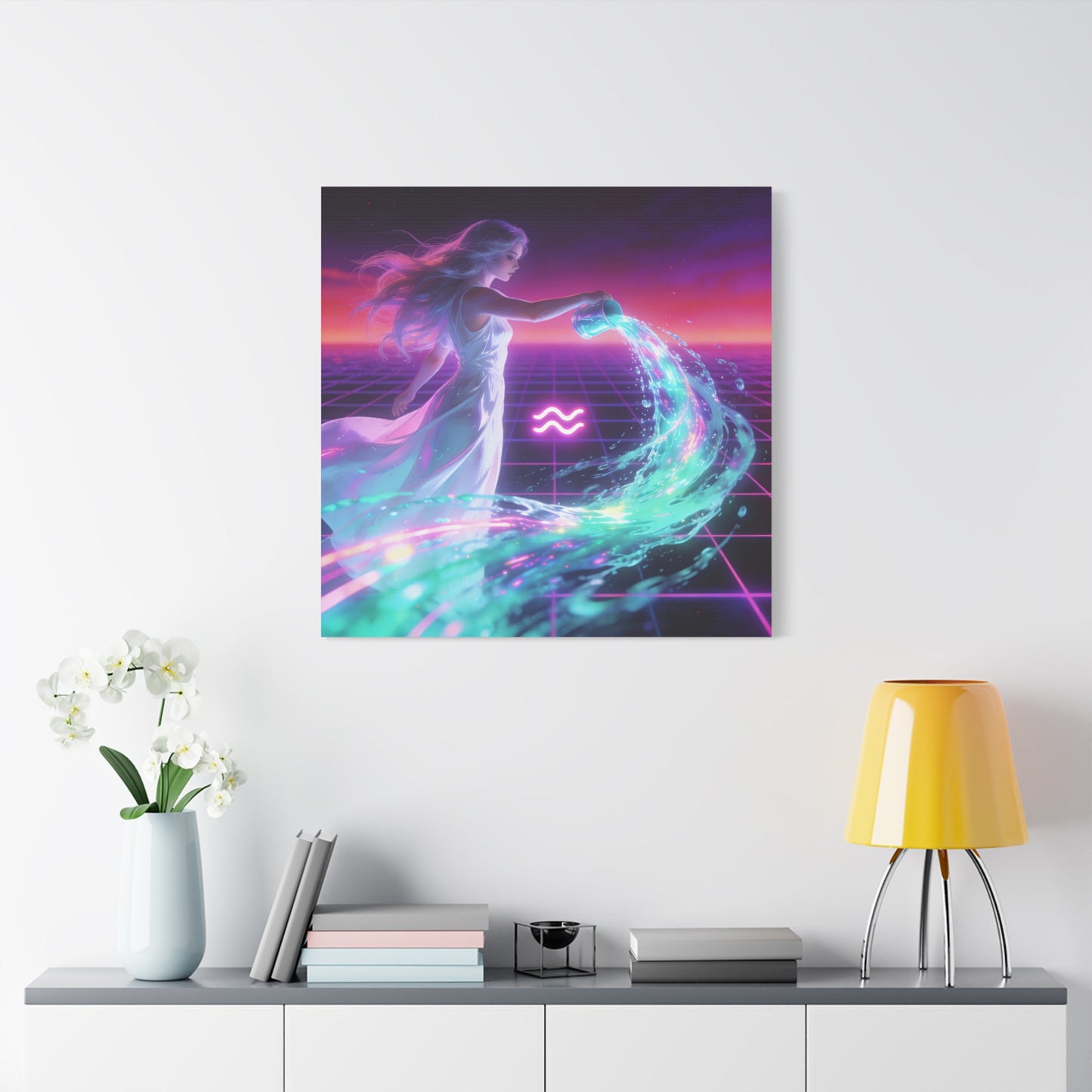 Aquarius Woman Canvas Wall Art - Neon Water Bearer Zodiac Illustration, Retro Synthwave Aesthetic - Matte Canvas Print - Bedroom Wall Decor, Home Office Accent, Mystical Decor - Modern Farmhouse Style