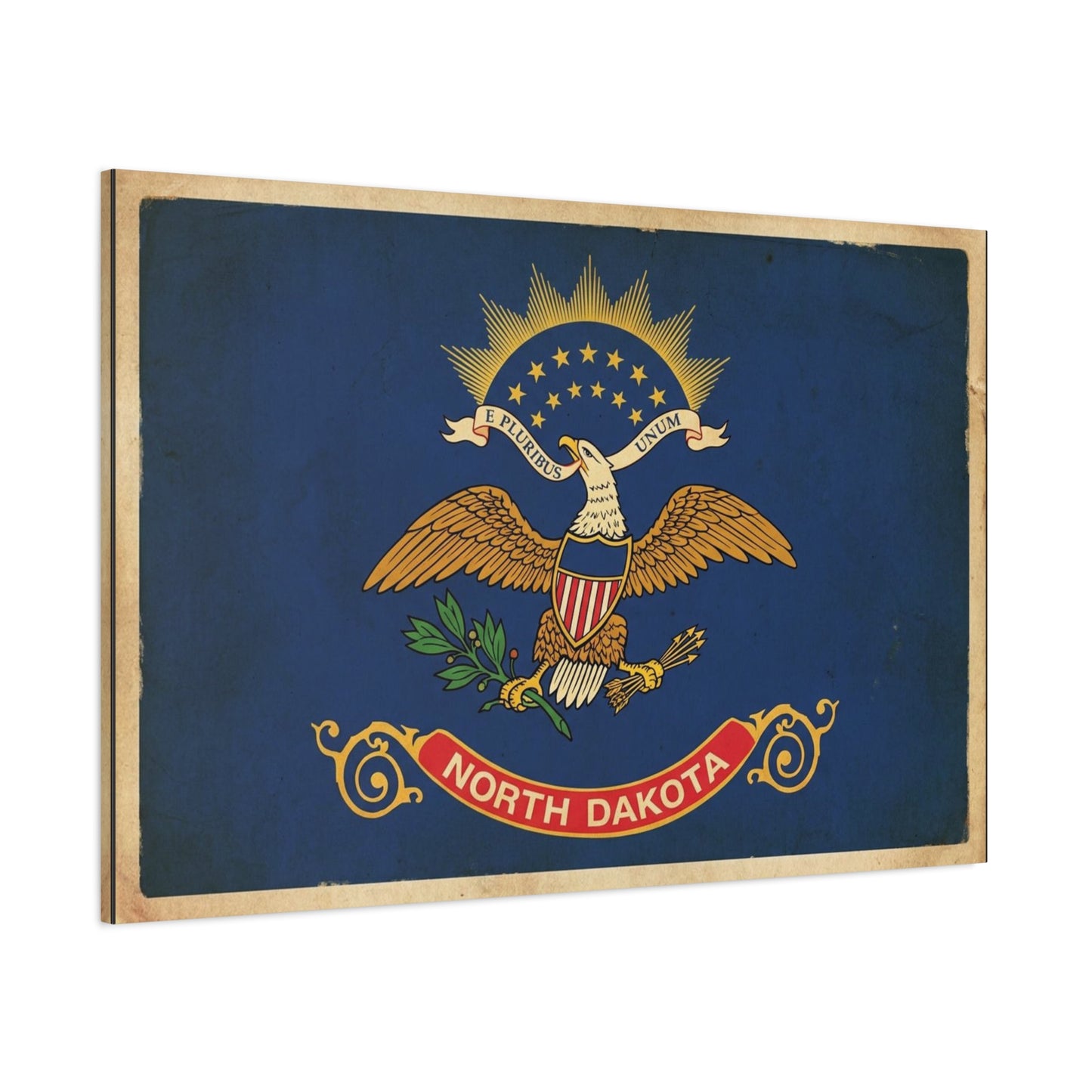 North Dakota Flag Canvas Wall Art - E Pluribus Unum Vintage State Banner Print - Patriotic Blue Eagle Emblem Decor - Rustic Americana Style - Ready to Hang - Living Room Wall Decor - Ready to Hang