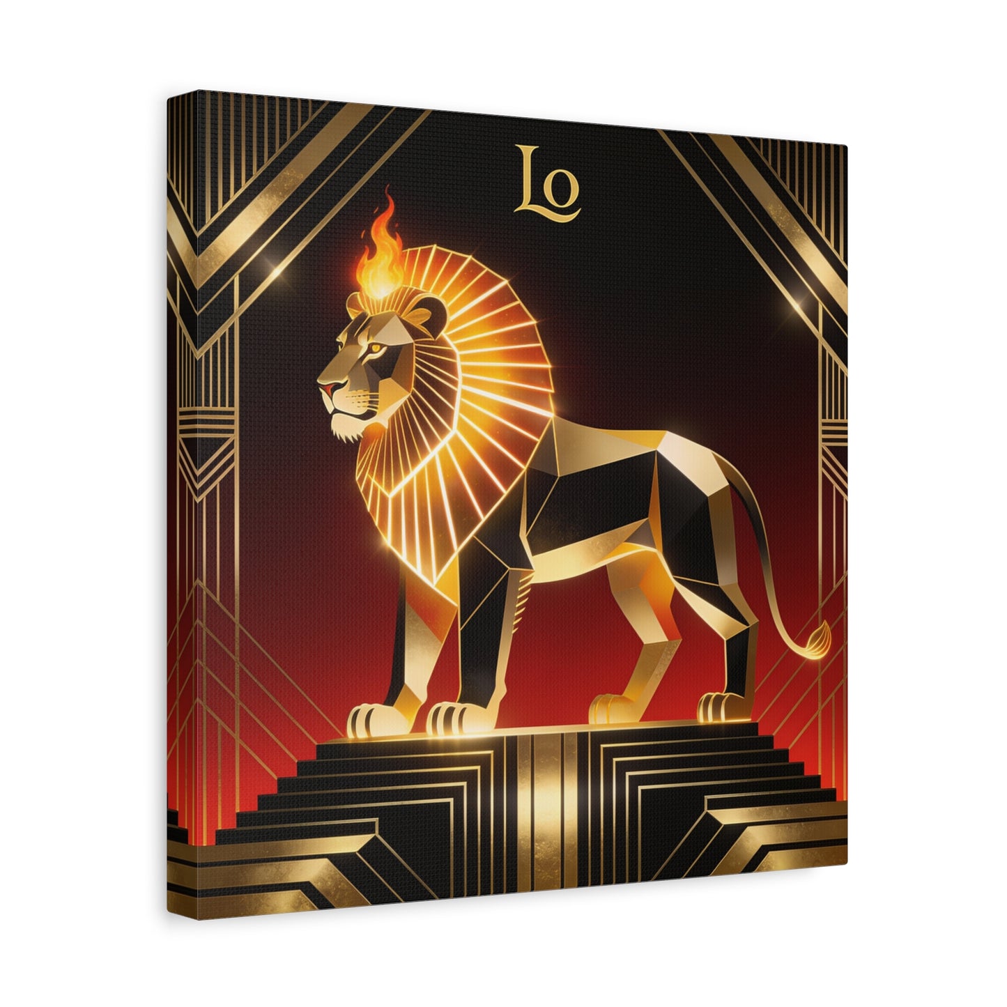 "Lo" Geometric Lion Canvas Wall Decor - Art Deco Gold Black Red Animal Print - Flaming Mane Illustration, Modern Luxe Interior Accent, Living Room Home Decoration - Living Room Wall Decor