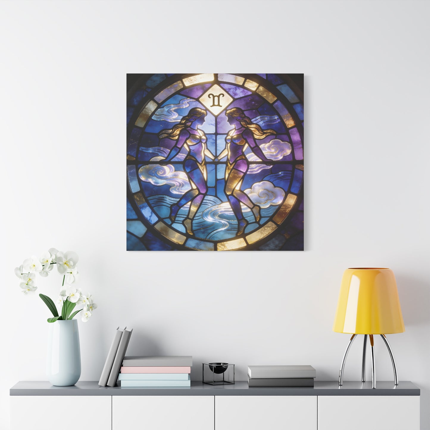 Gemini Zodiac Canvas Wall Art - Stained Glass Twin Women Celestial Print, Blue Purple Gold Astrology Decor - Modern Mystical Artwork - Bedroom Home Decoration Office Wall Art - Bedroom Home Decoration