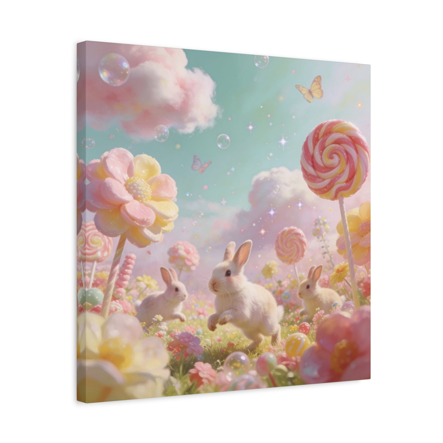 Bunny Candyland Canvas Wall Art - Pastel Rabbit Meadow, Lollipop Flowers, Dreamy Nursery Wall Decor - Whimsical Illustration - Bedroom Home Decoration, Kids Room Accent - Bedroom Home Decoration