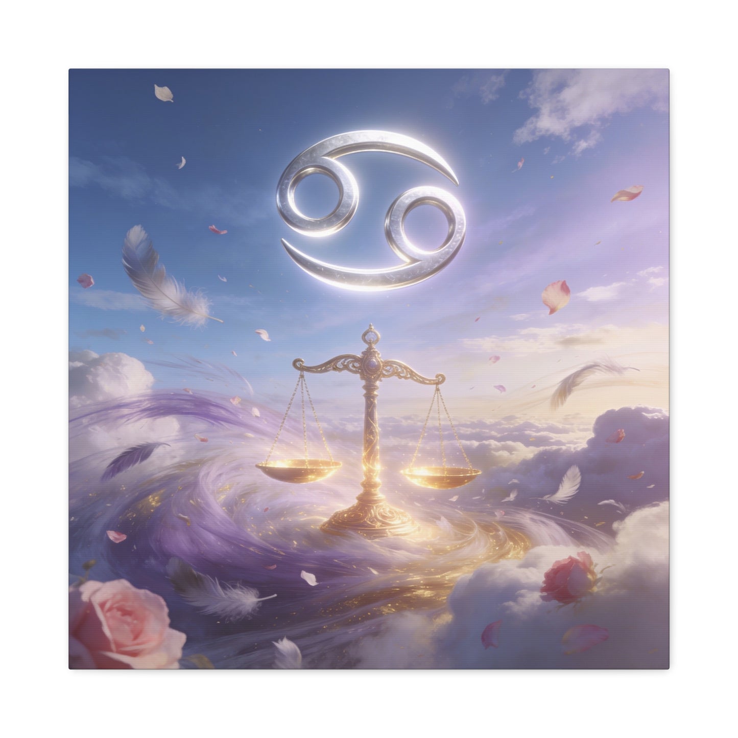 Cancer Zodiac Canvas Wall Art - Celestial Crab Symbol, Golden Libra Scales, Dreamy Sky - Matte Canvas Print, Contemporary Astrology Decor - Bedroom Wall Accent, Meditation Space - Ready to Hang