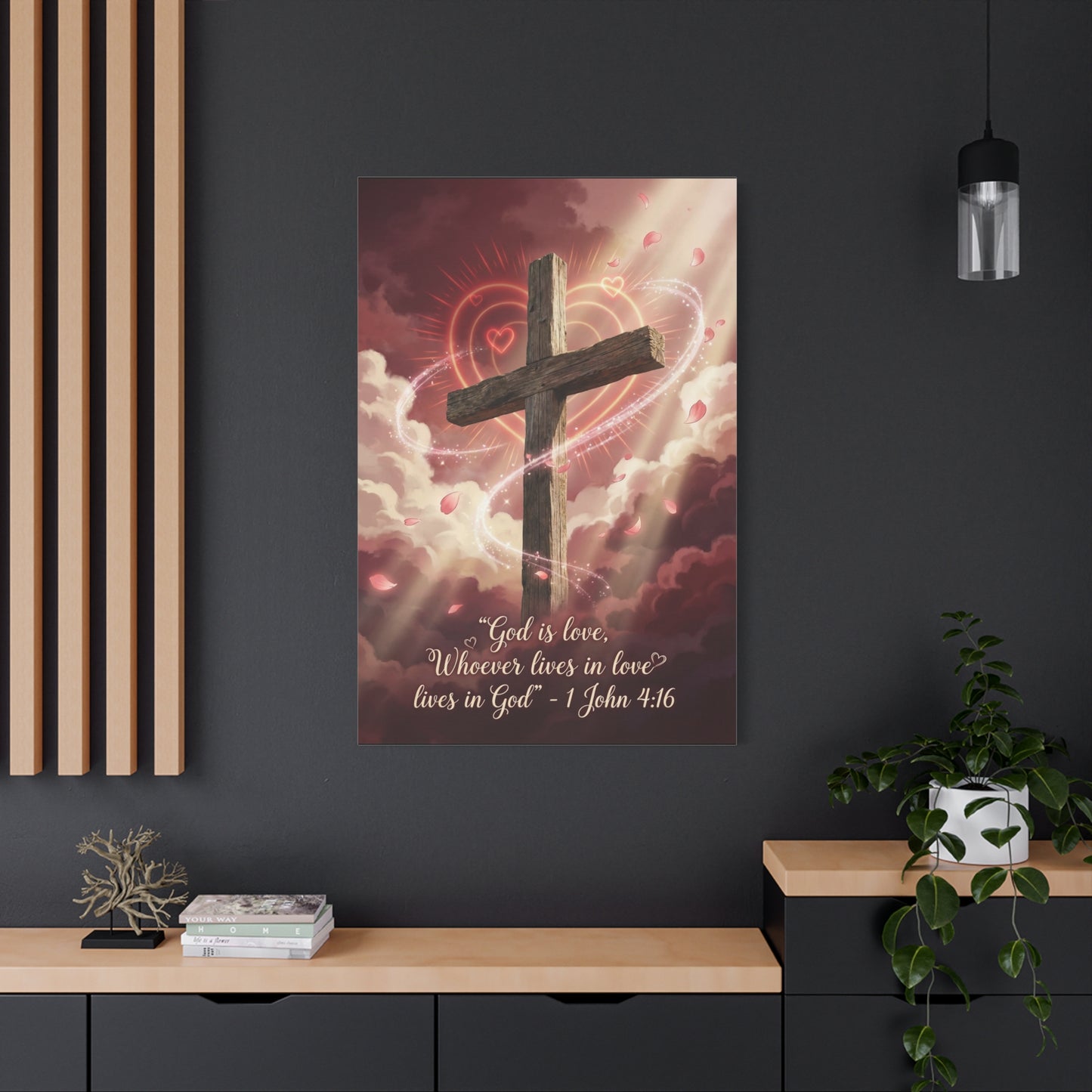 "God Is Love, Whoever Lives In Love Lives In God" Cross Canvas Wall Art - 1 John 4:16 Scripture Print, Romantic Christian Decor, Traditional Bedroom Wall Decor - Bedroom Home Decoration