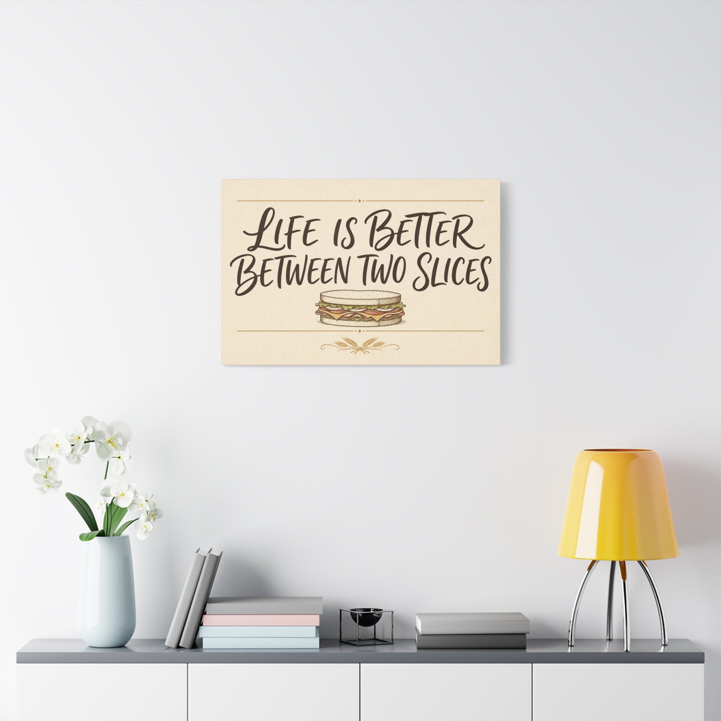 "Life Is Better Between Two Slices" Sandwich Canvas Wall Art - Funny Quote Print, Vintage Farmhouse Style, Beige Food Illustration - Ready to Hang - Ready to Hang - Deli Wall Decor - Diner Decor