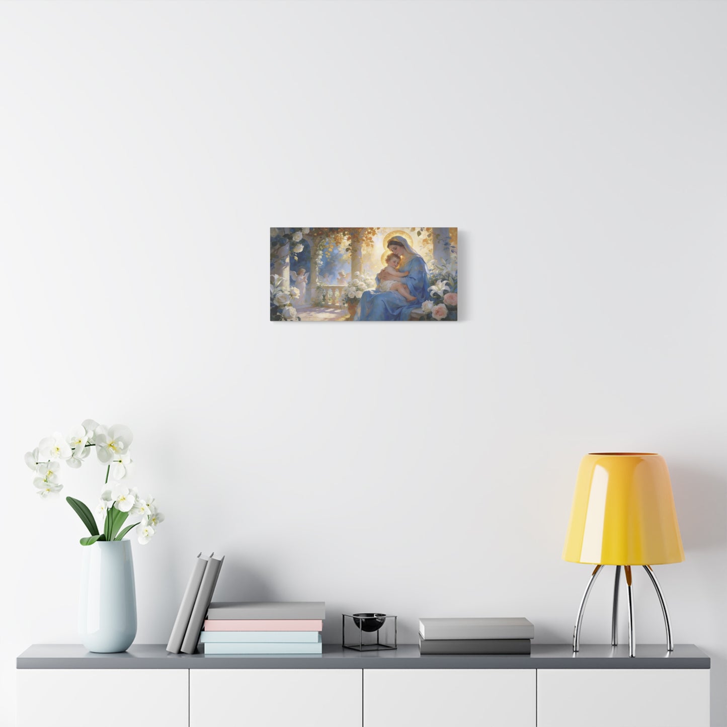 Virgin Mary And Baby Jesus Canvas Wall Art - Religious Madonna Lily Rose Painting - Traditional Blue Gold Sacred Nursery Style - Bedroom Wall Decor, Christian Home Accent - Bedroom Home Decoration