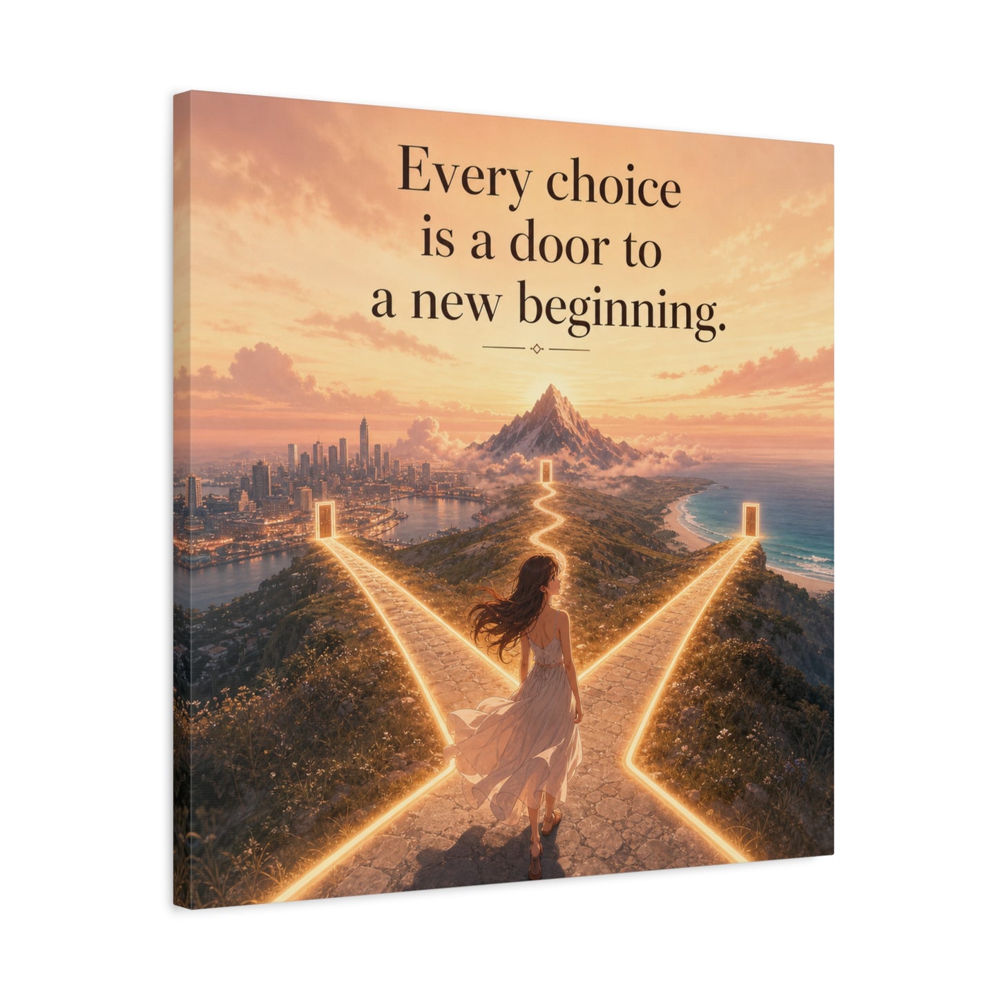 "Every Choice Is A Door To A New Beginning." Inspirational Canvas Wall Art - Woman At Glowing Crossroads Path, Mountain And Coast Dreamscape - Modern Typography Decor For Bedroom Office