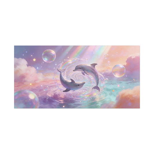 Dolphin Canvas Wall Art - Dreamy Ocean Swirl, Pastel Sky And Rainbow Light - Cotton Canvas Print - Whimsical Contemporary Style - Living Room Wall Decor, Bedroom Home Accent - Bedroom Home Decoration