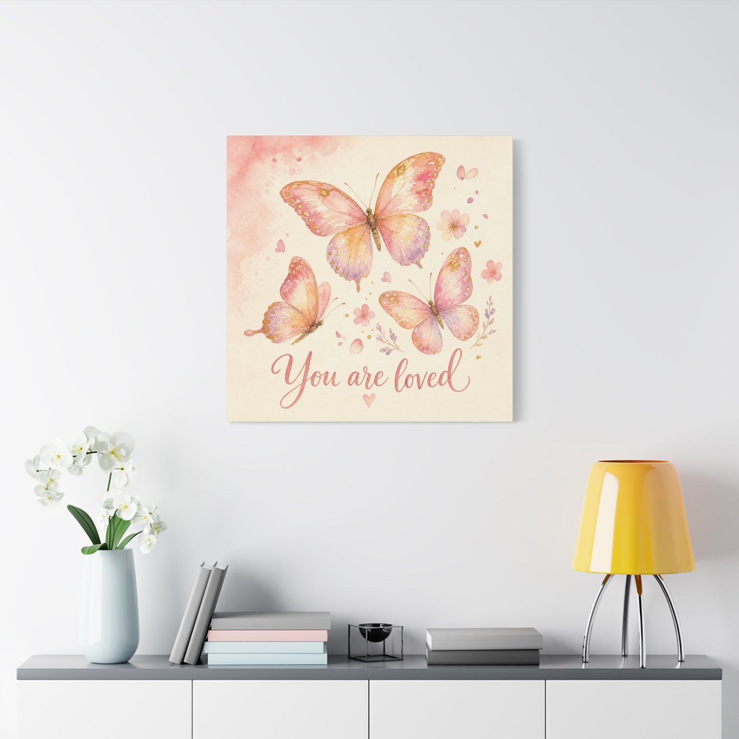 "You Are Loved" Butterfly Canvas Wall Art - Pink Watercolor Butterflies, Inspirational Nursery Decor - Soft Pastel Floral Home Decoration - Bedroom Wall Hanging, Baby Girl Room Accent - Ready to Hang