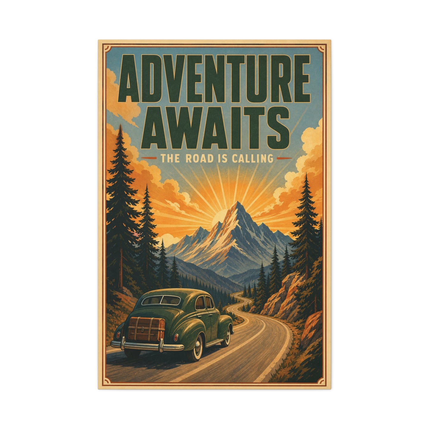 "Adventure Awaits The Road Is Calling" Vintage Travel Canvas Wall Art - Mountain Road Sunrise, Retro Car Poster Print - Adventure Decor, Living Room Wall Decor, Office Art - Bedroom Home Decoration