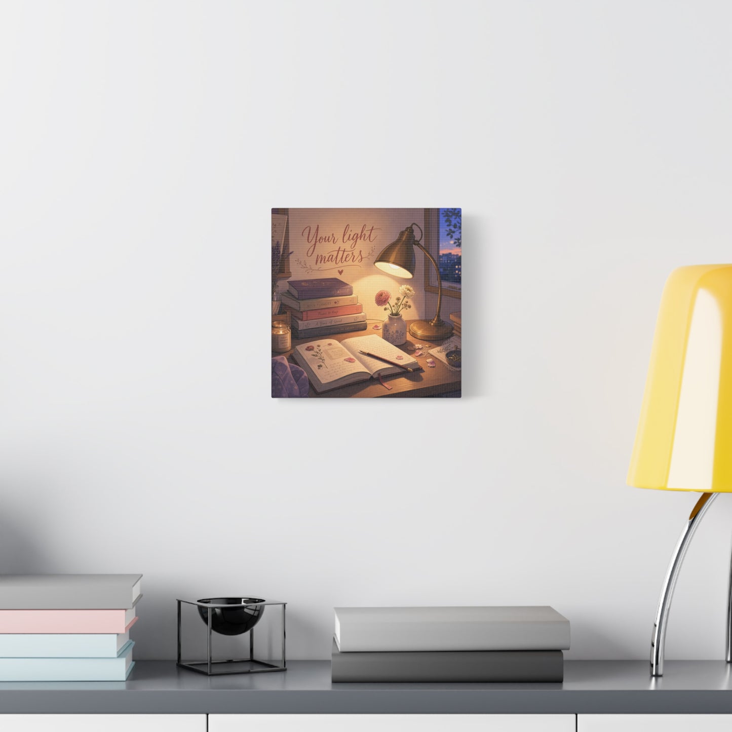 "Your Light Matters" Inspirational Canvas Wall Art - Cozy Desk Lamp Books Floral Print - Warm Vintage Bedroom Wall Decor - Reading Nook Home Decoration - Ready to Hang - Bedroom Home Decoration