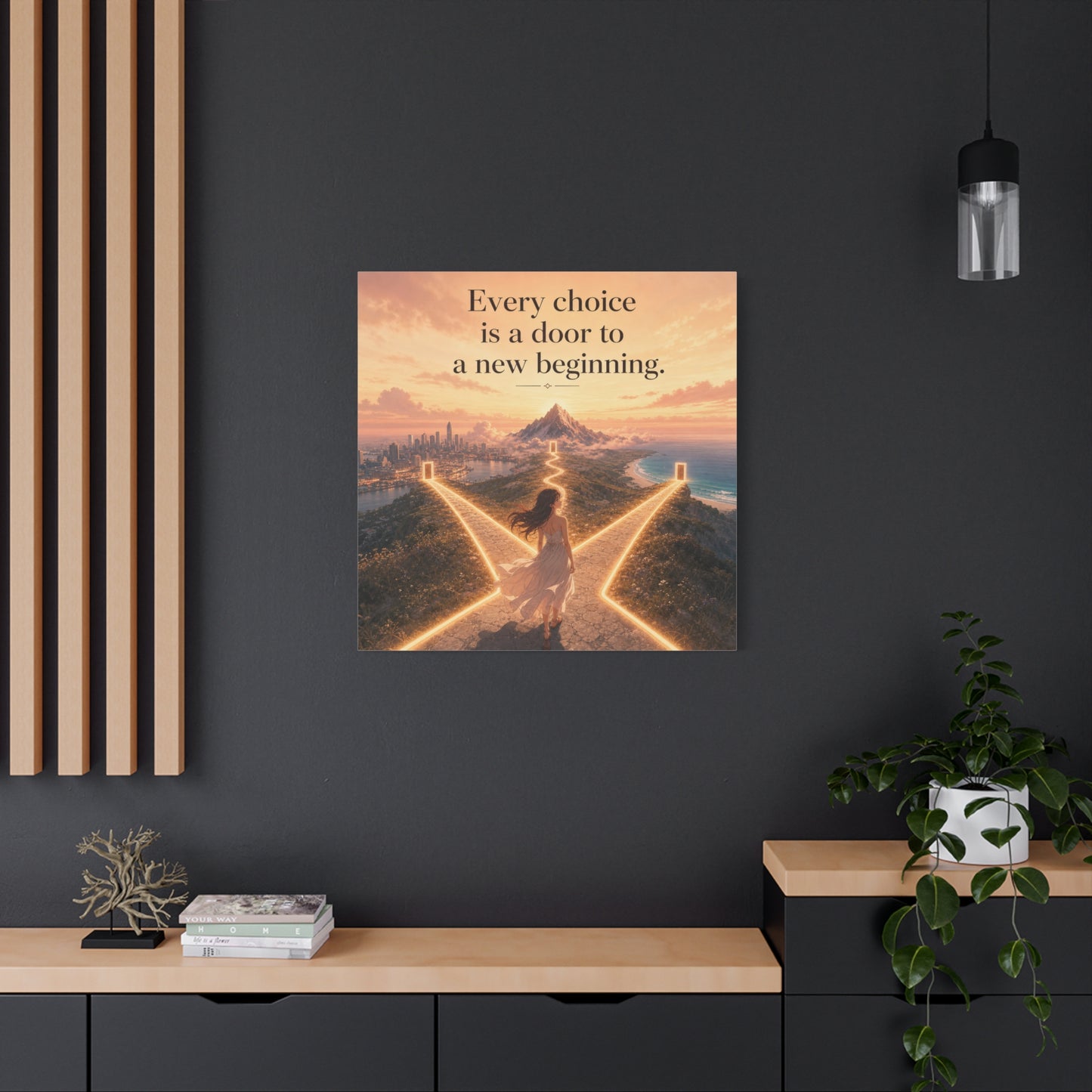 "Every Choice Is A Door To A New Beginning." Inspirational Canvas Wall Art - Woman At Glowing Crossroads Path, Mountain And Coast Dreamscape - Modern Typography Decor For Bedroom Office
