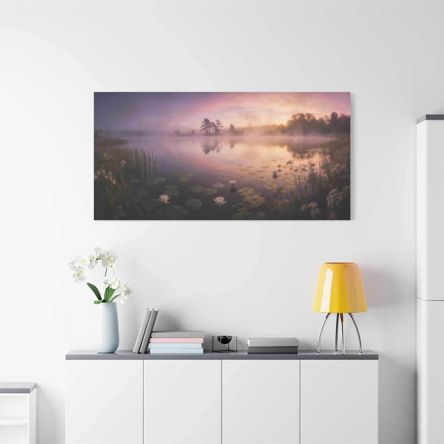 Misty Lake Sunrise Canvas Wall Art - Water Lily Pond Landscape Art Print, Soft Pink And Gold Sky - Serene Nature Decor - Matte Finish Canvas Print - Living Room Wall Decor Bedroom Home Decoration