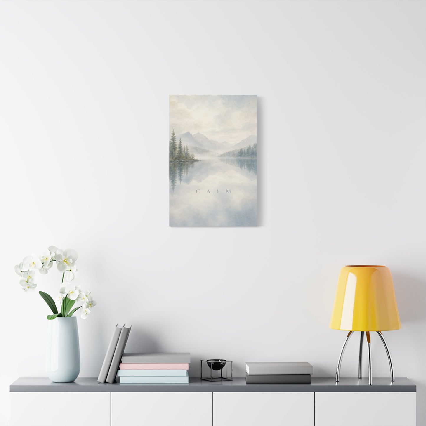 "Calm" Mountain Lake Canvas Wall Art - Misty Pine Forest Reflection Print - Serene Blue Landscape - Minimalist Nature Decor - Bedroom Home Decoration, Meditation Space - Living Room Wall Decor