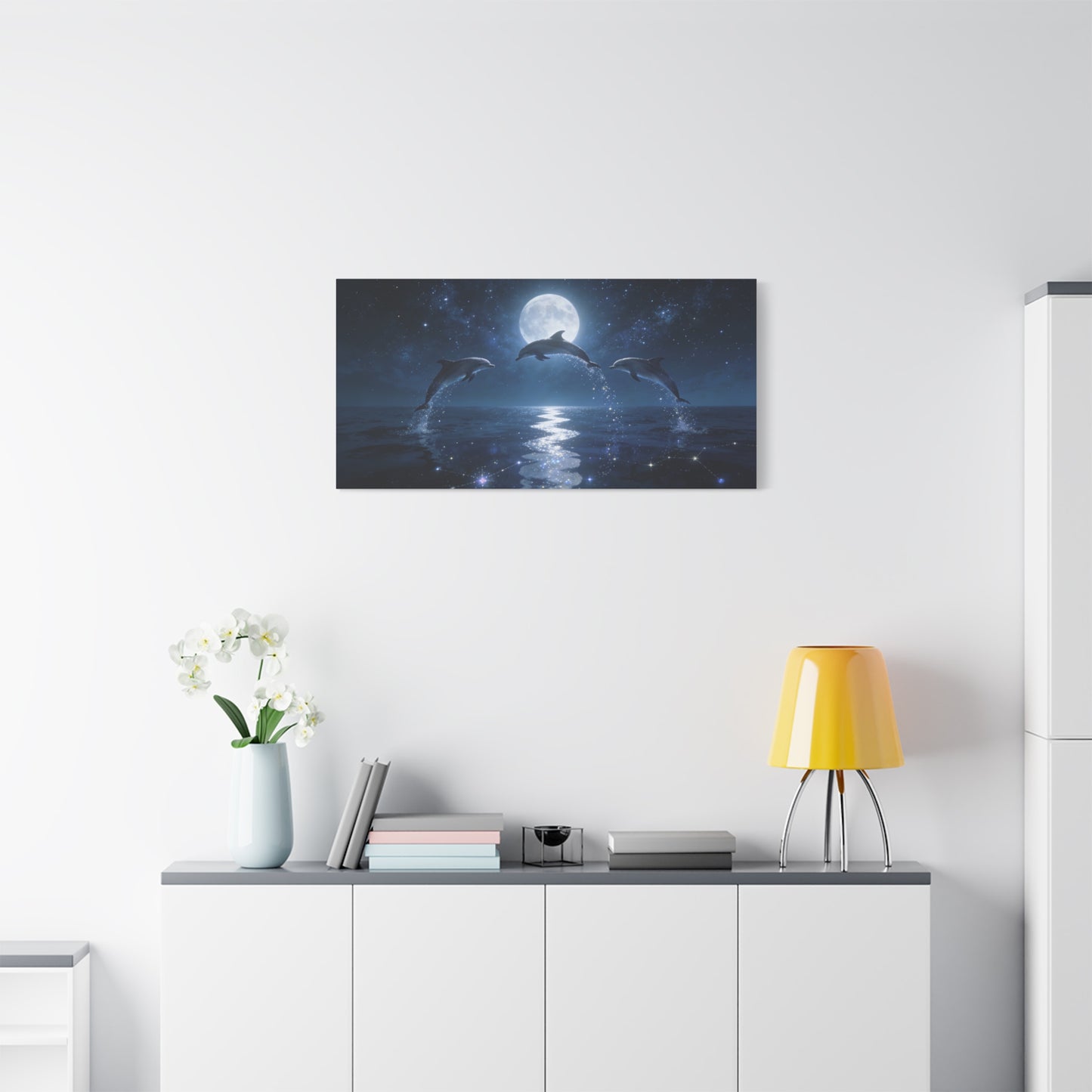 Moonlit Dolphin Canvas Wall Art - Starry Ocean Night Seascape Print - Celestial Blue Marine Decor, Matte Cotton Artwork - Bedroom Wall Decor, Living Room Home Decoration - Bedroom Home Decoration