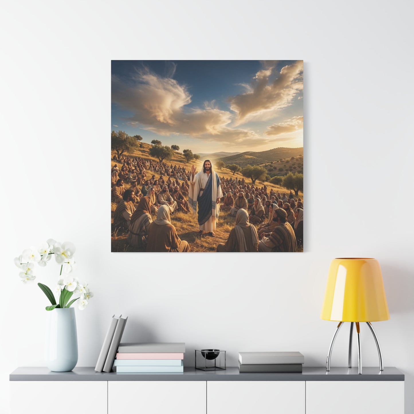 Jesus Teaching Multitude Canvas Wall Art - Biblical Hillside Sermon Scene, Christian Wall Decor - Matte Cotton Print, Traditional Style - Living Room Home Decoration, Office Art - Ready to Hang