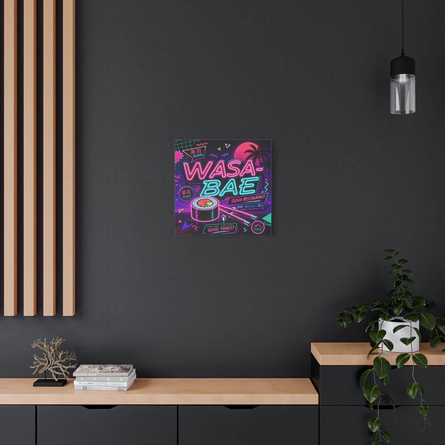 "WASA-BAE" Sushi Canvas Print - Neon Japanese Restaurant Sign, Retro Vaporwave Illustration - Matte Cotton Decor, Cafe Wall Accent, Dining Space Artwork, Lounge Interior Style - Office Wall Art
