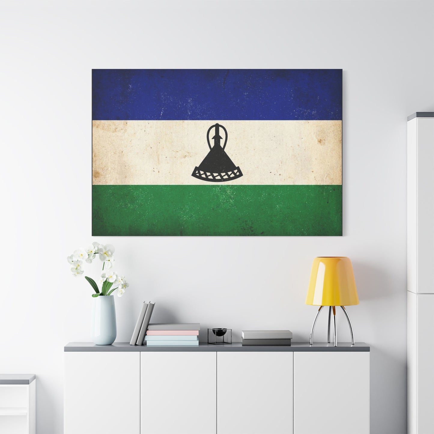 Lesotho Flag Canvas Wall Art - Vintage Blue White Green Tricolor With Basotho Hat Emblem, Distressed National Banner Print - Rustic Patriotic Decor For Living Room Bedroom Office - Office Wall Art