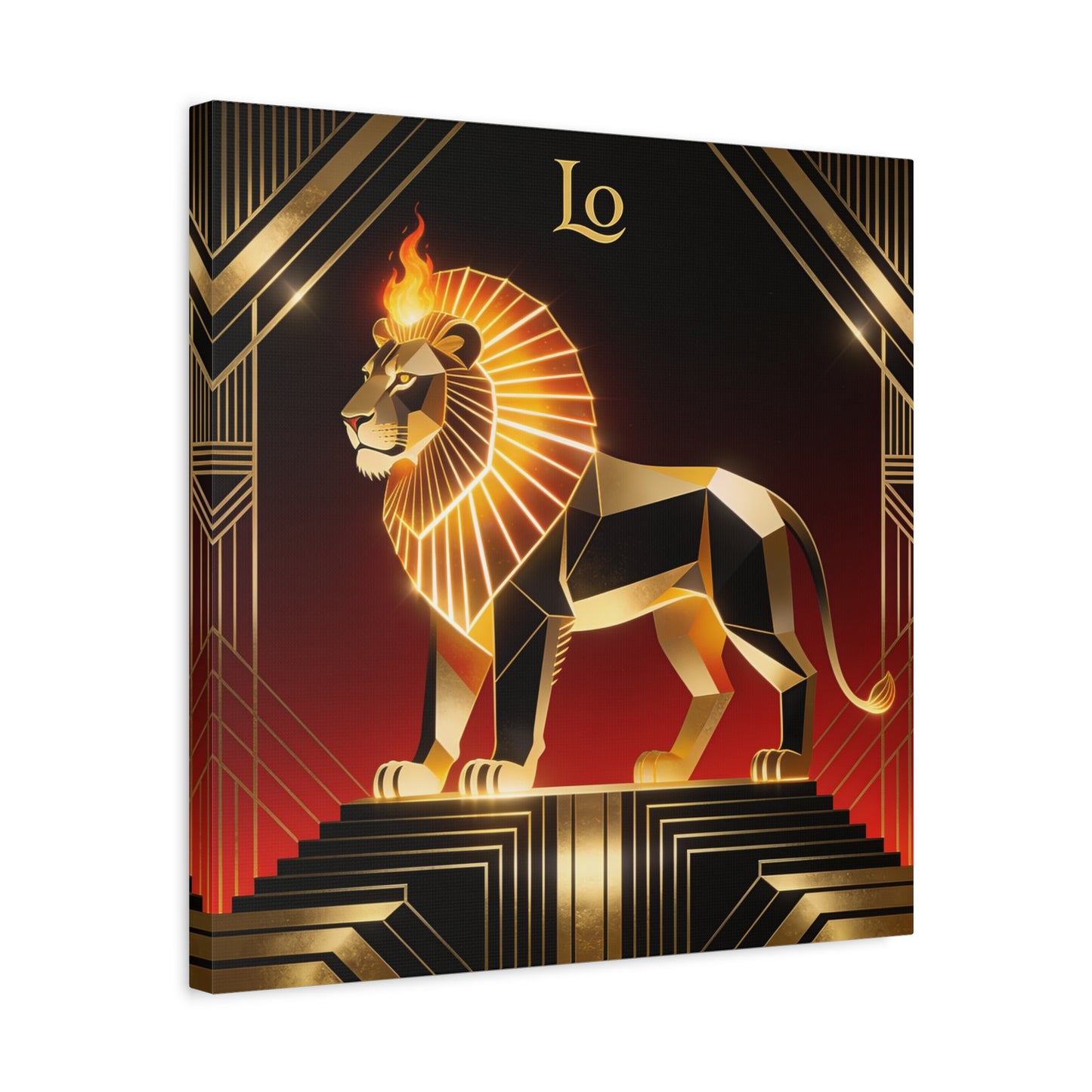 "Lo" Geometric Lion Canvas Wall Decor - Art Deco Gold Black Red Animal Print - Flaming Mane Illustration, Modern Luxe Interior Accent, Living Room Home Decoration - Living Room Wall Decor