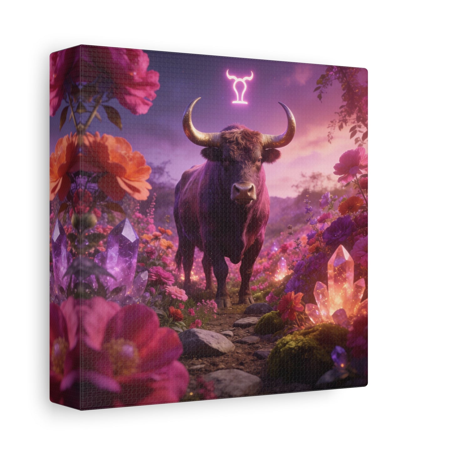 Taurus Zodiac Bull Canvas Wall Art - Neon Taurus Symbol, Floral Crystal Fantasy Print - Dreamy Purple Pink Celestial Decor - Bedroom Home Decoration, Bohemian Living Room Accent - Office Wall Art