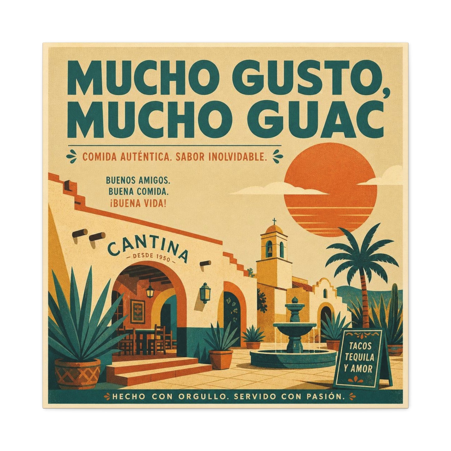 "Mucho Gusto, Mucho Guac" Cantina Canvas Wall Art - Mexican Restaurant Typography Print, Vintage Desert Courtyard Illustration, Cafe Wall Decor, Tequila Bar Sign, Workspace Accent - Ready to Hang