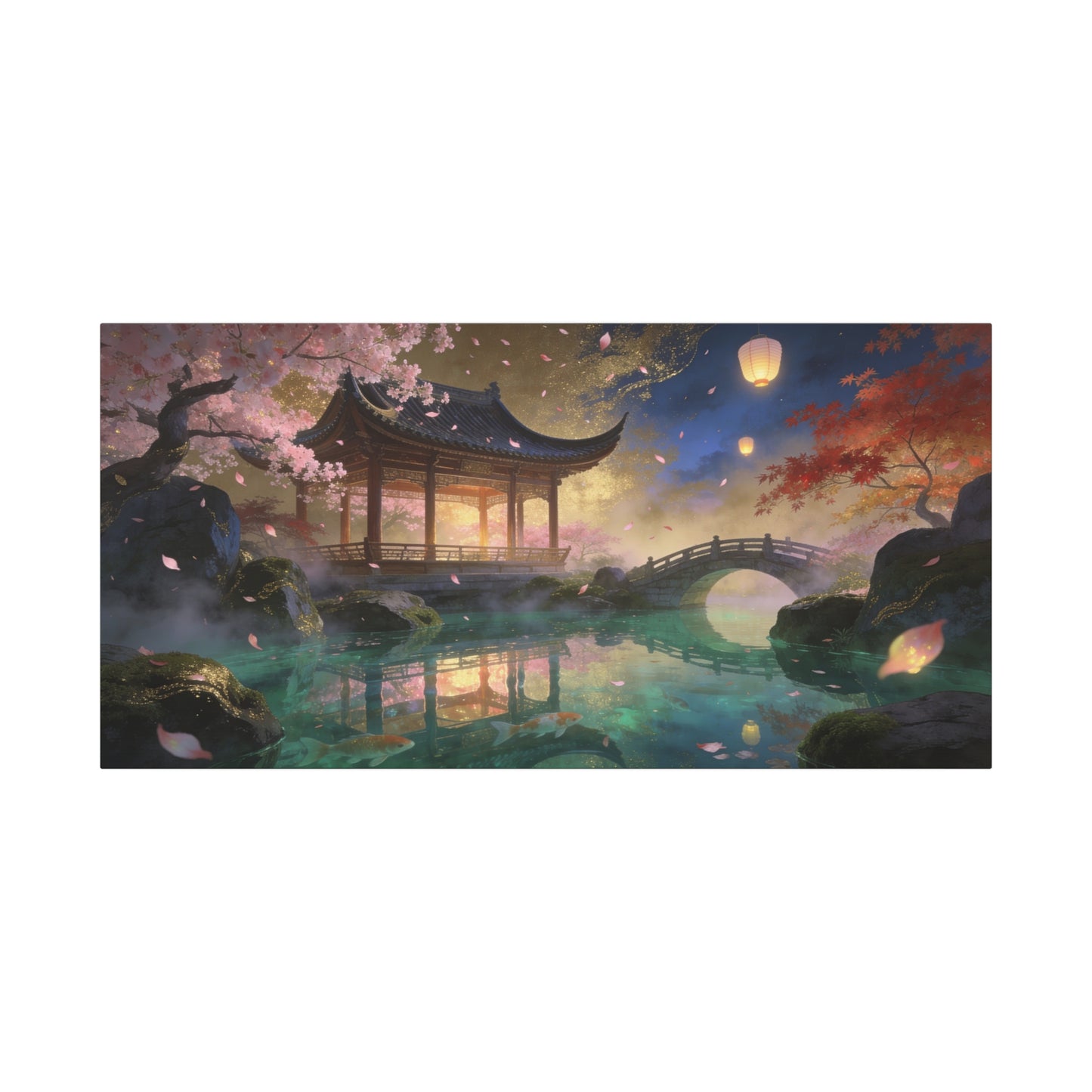 Japanese Garden Pavilion Canvas Wall Art - Cherry Blossom Pond, Lantern Night, Arched Bridge - Serene Traditional Landscape - Living Room Wall Decor, Bedroom Home Decoration - Bedroom Home Decoration