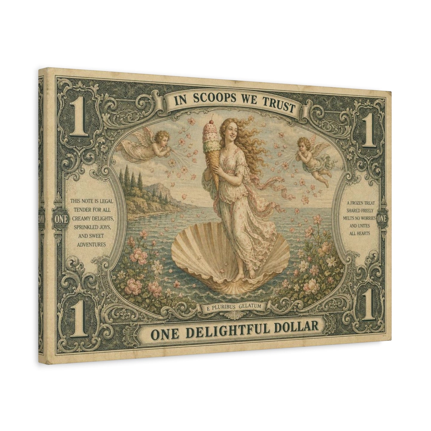 "In Scoops We Trust" Ice Cream Venus Canvas Wall Art - Vintage Parody Currency Print, Mythological Seaside Illustration, Whimsical Retro Decor, Living Room Bedroom Office Accent - Office Wall Art