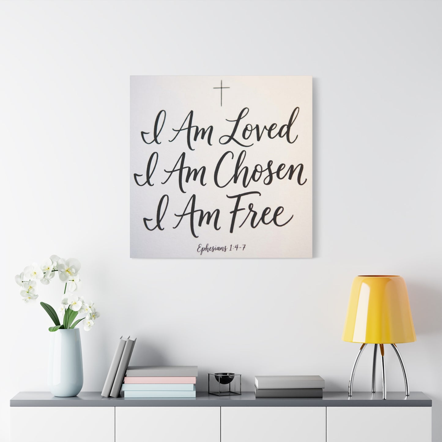 "I Am Loved, Chosen, Free" Christian Canvas Wall Art - Ephesians 1:4-7 Scripture Cross Print - Neutral Typography Decor - Bedroom Home Decoration, Living Room Wall Decor - Ready to Hang