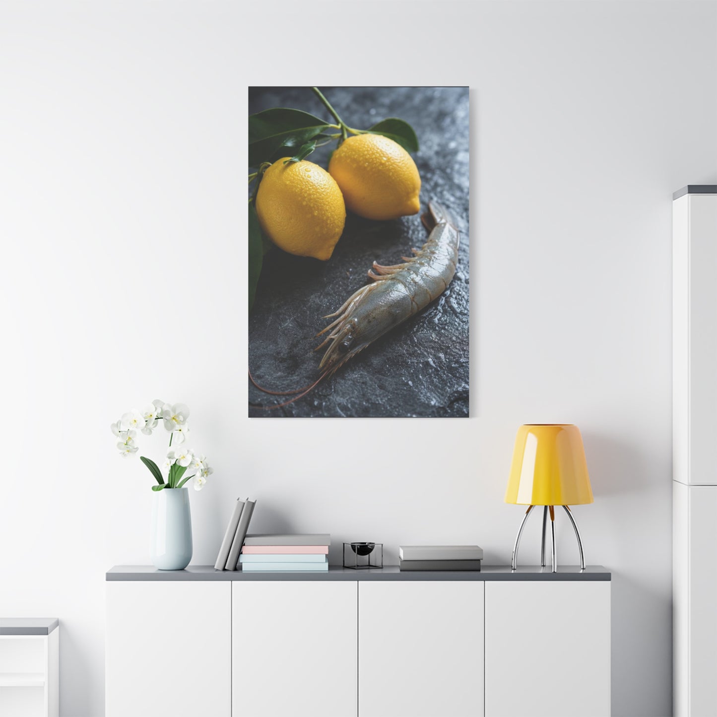 Lemon And Shrimp Canvas Wall Art - Still Life Food Art Print, Moody Kitchen Decor - Matte Cotton Art Print - Contemporary Dining Room Accent, Coastal Restaurant Wall Decor - Bedroom Home Decoration