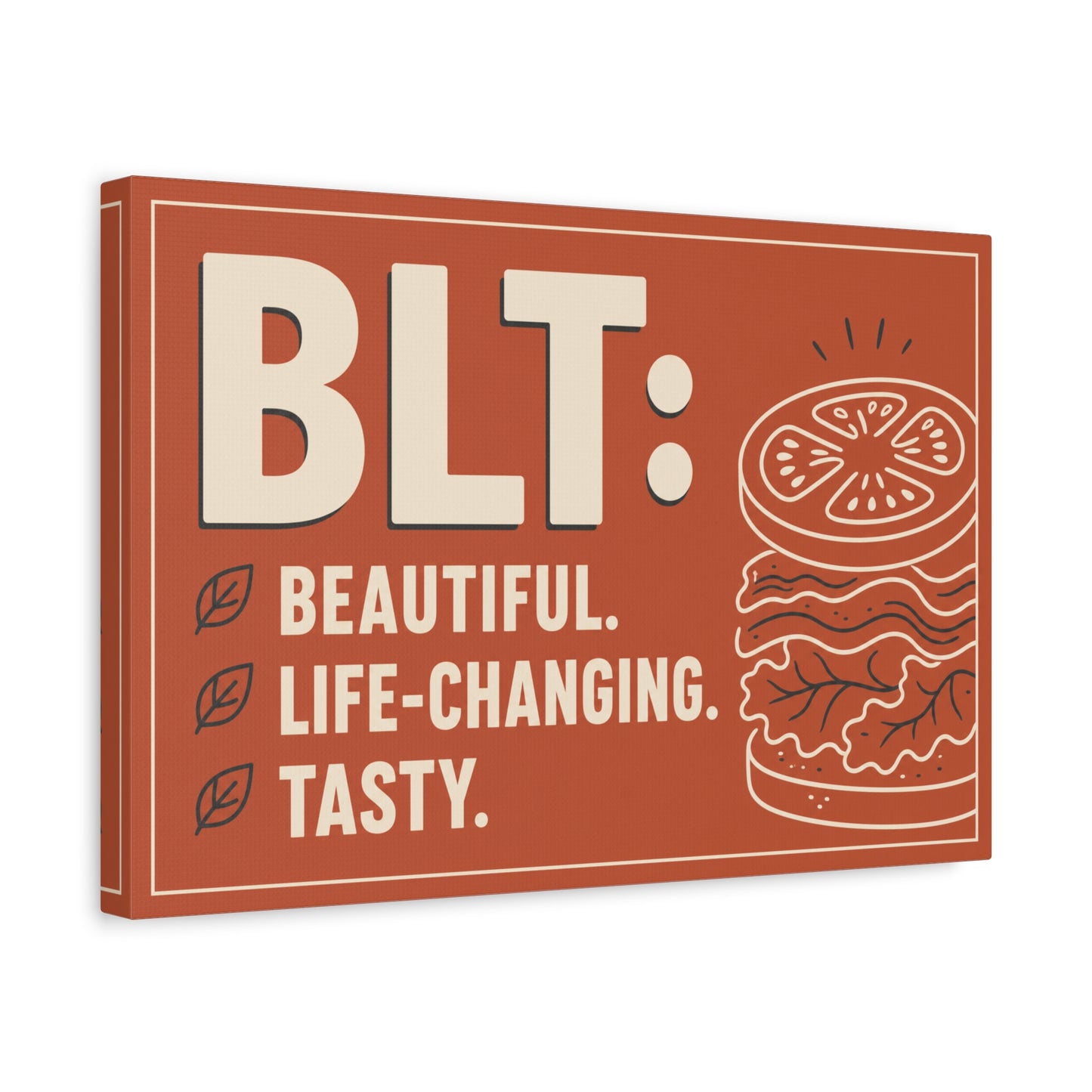 "BLT: Beautiful. Life-Changing. Tasty." Canvas Wall Art - Retro Sandwich Decor - Typography Food Illustration - Modern Farmhouse Style - Deli Wall Decor - Sandwich Shop Sign - Gallery Wrapped Canvas